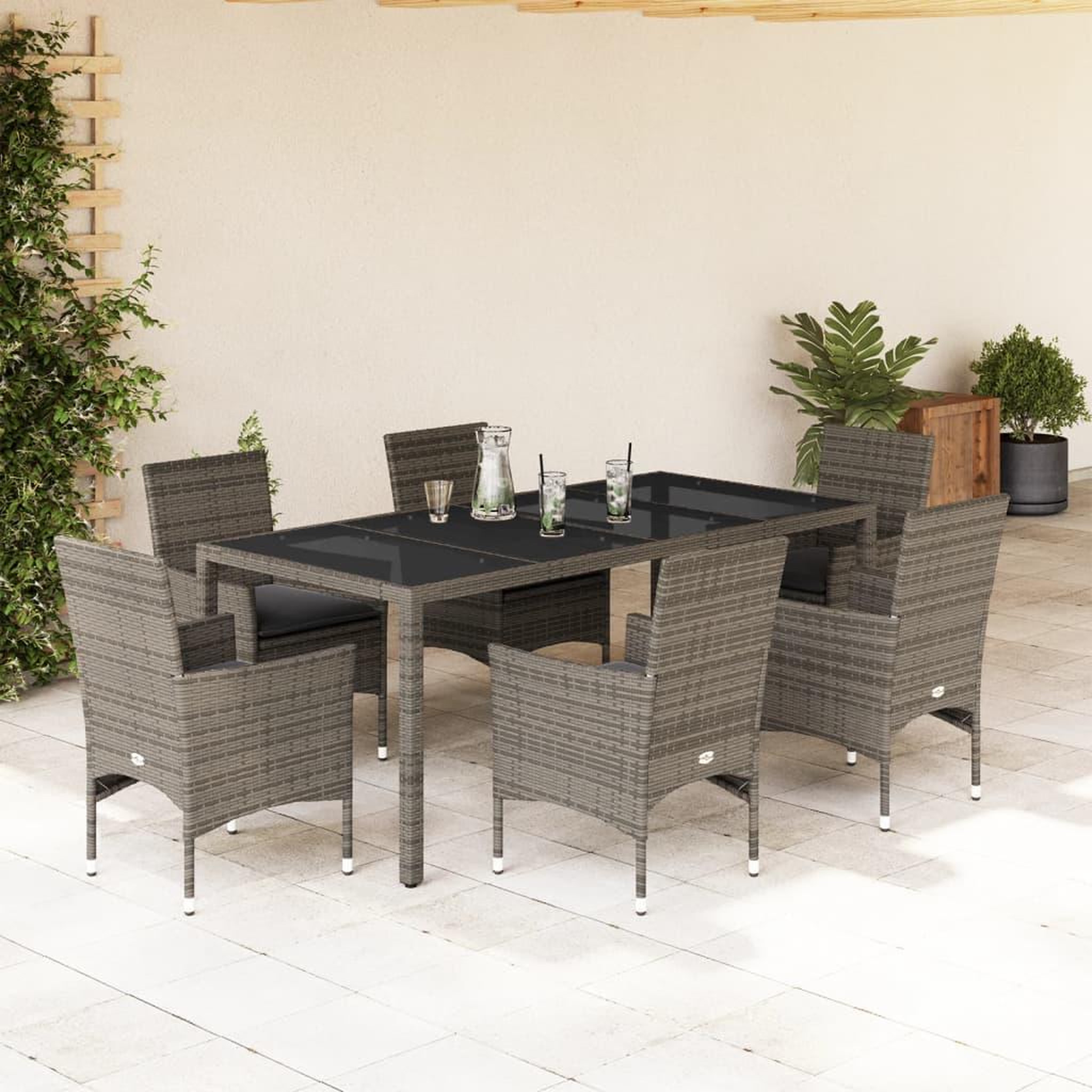 VIDAXL Ensemble a manger de jardin et coussins 7 pcs gris rotin verre