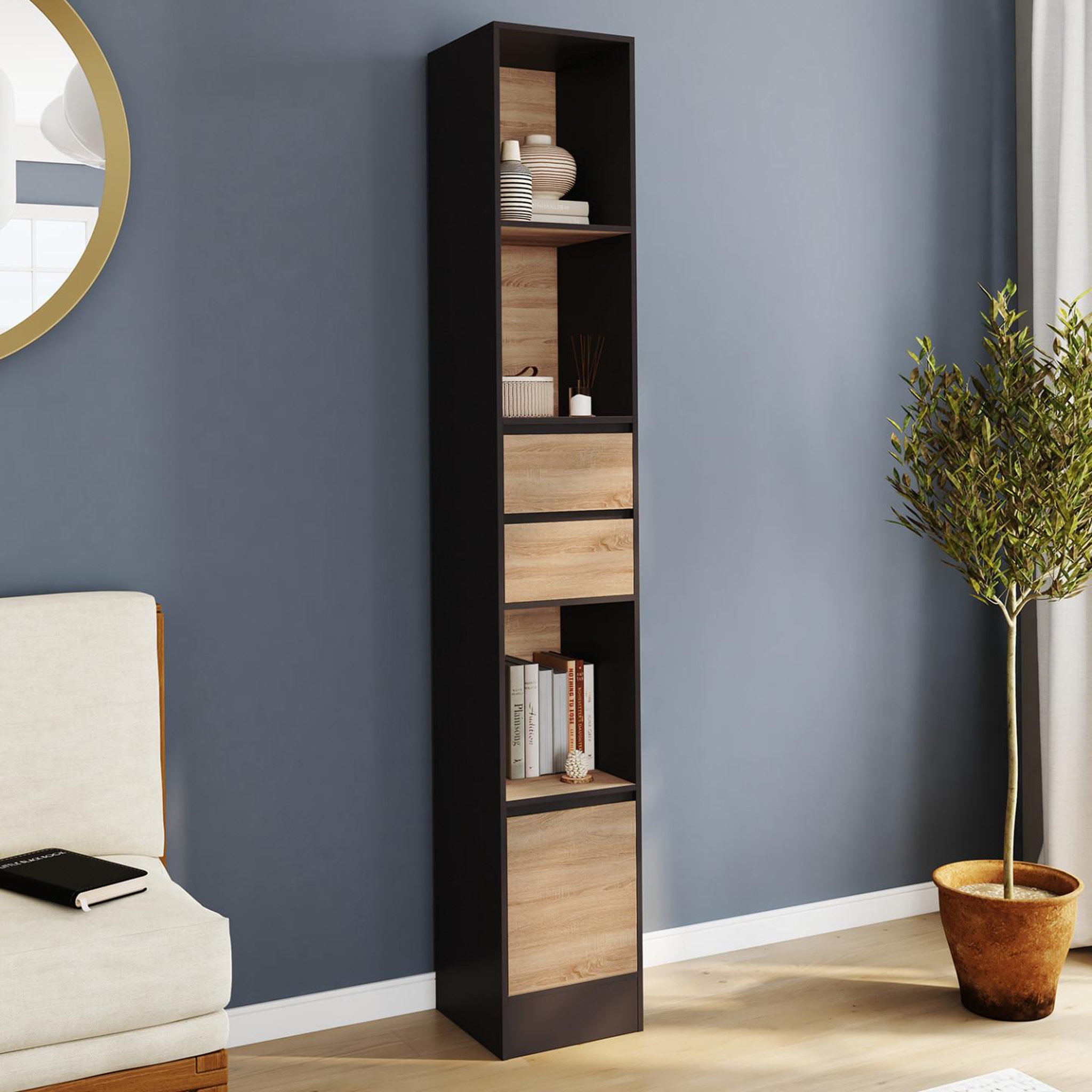 Voir la diapositive 2 : ID MARKET Etagère bibliothèque carla 3 étagères 2 tiroirs 1 placard noir et effet bois 190 cm