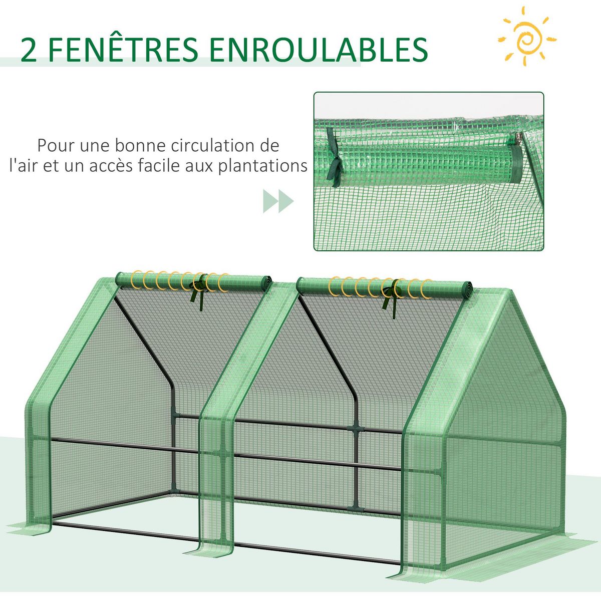 OUTSUNNY Mini serre de jardin serre à tomates dim. 180L x 90l x 90H cm acier PE haute densité 140 g/m² anti-UV 2 fenêtres zippées enroulables vert