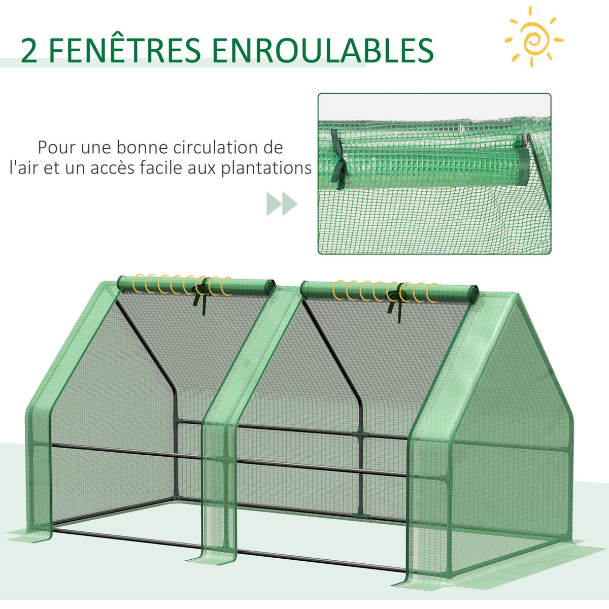 OUTSUNNY Mini serre de jardin serre à tomates dim. 180L x 90l x 90H cm acier PE haute densité 140 g/m² anti-UV 2 fenêtres zippées enroulables vert