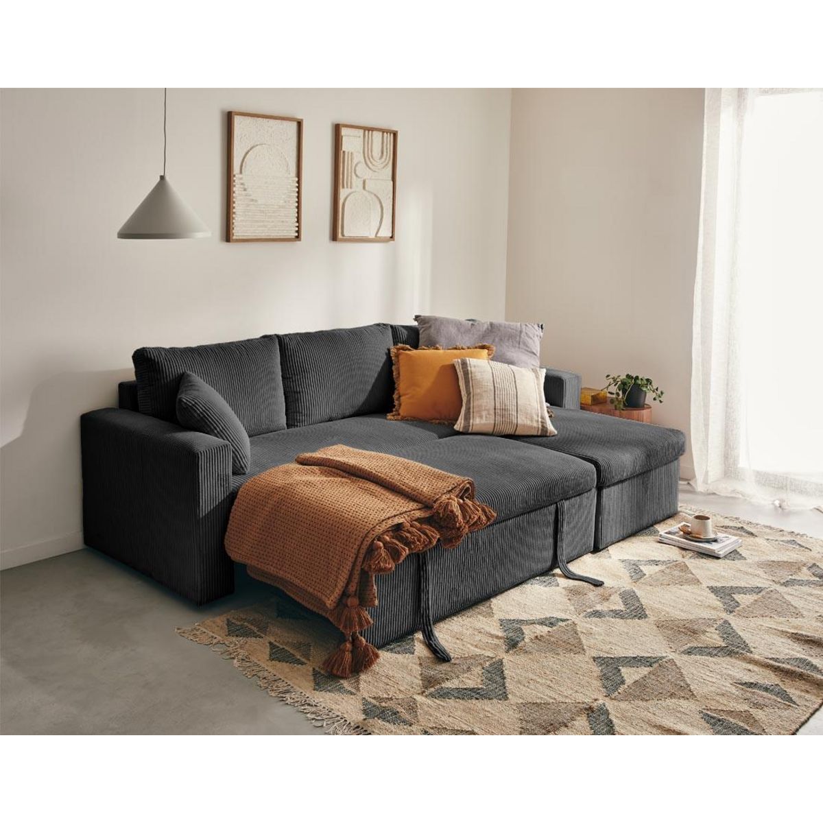 BEST MOBILIER Cyrus - canapé d'angle réversible 4 places - convertible avec coffre - en velours côtelé