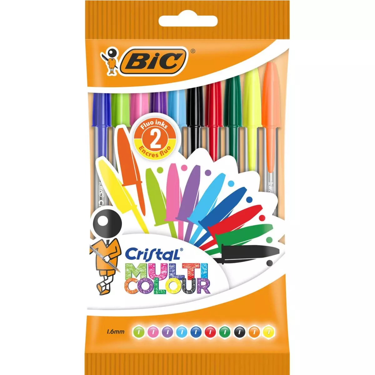 BIC Lot de 10 stylos bille pointe large CRISTAL MULTICOLOUR couleurs assorties