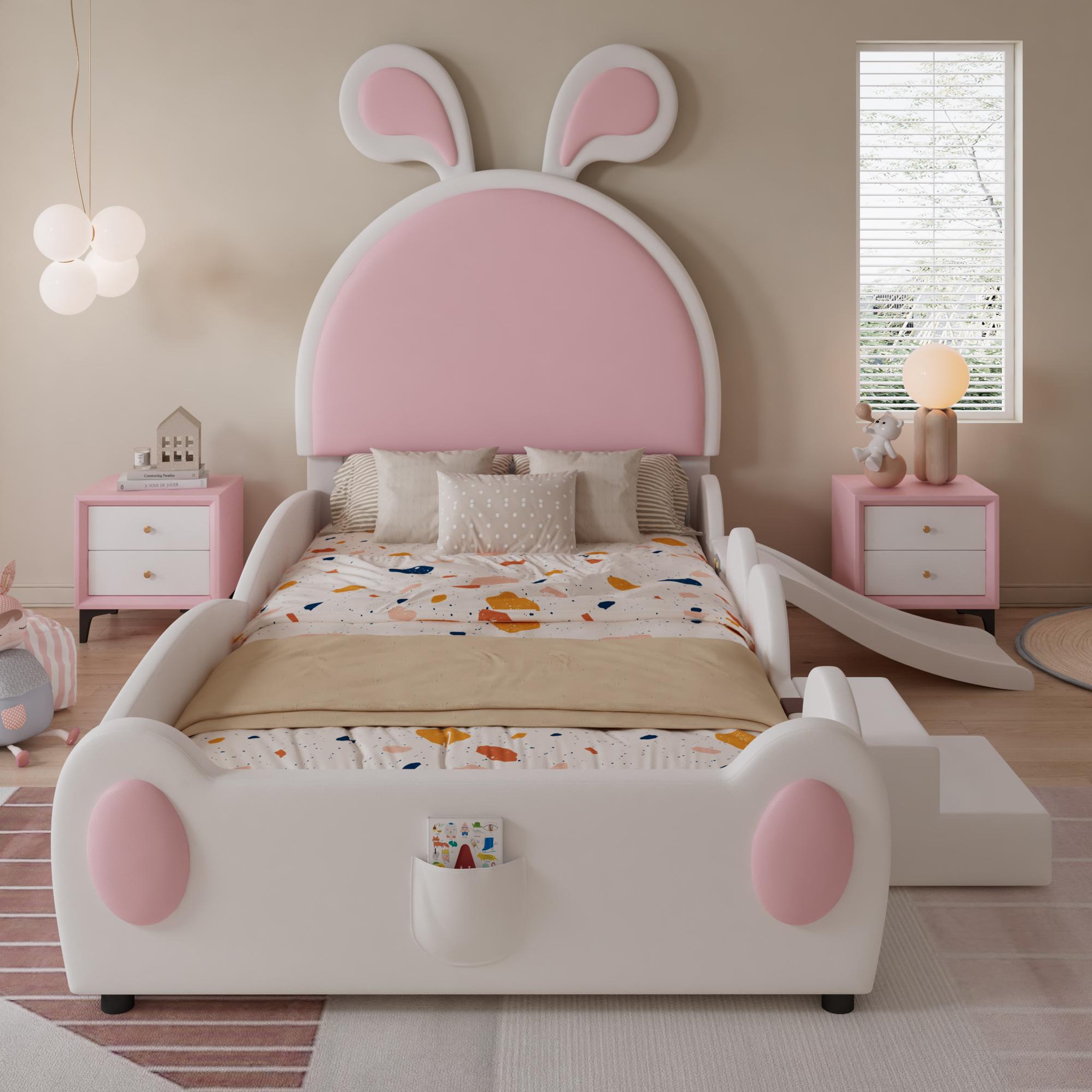 Voir la diapositive 4 : MERAX Lit simple enfant rembourré 90x200cm pu coloris blanc+rose