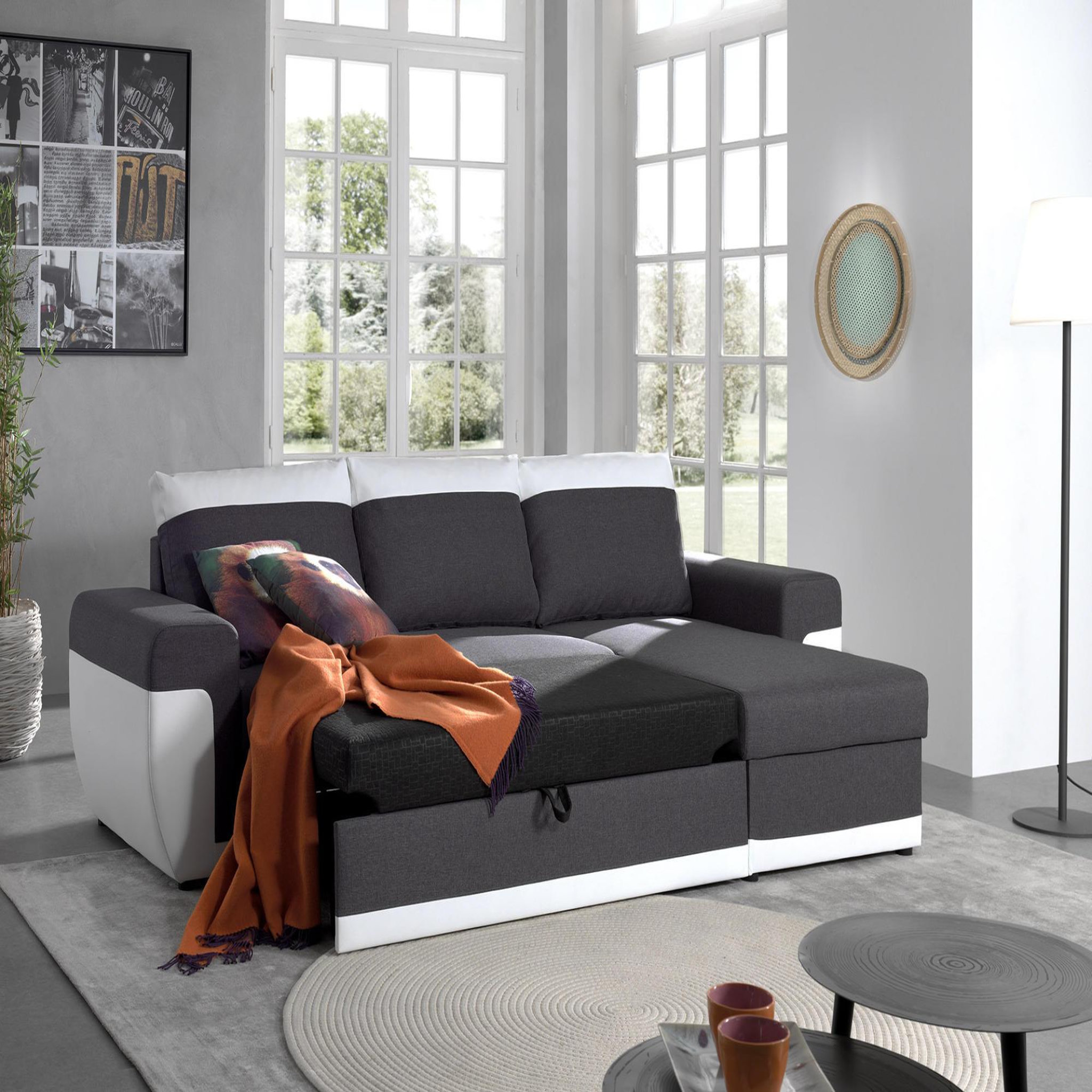 Voir la diapositive 5 : BEST MOBILIER Milan - canapé d'angle réversible - 4 places - convertible avec coffre - en simili et tissu