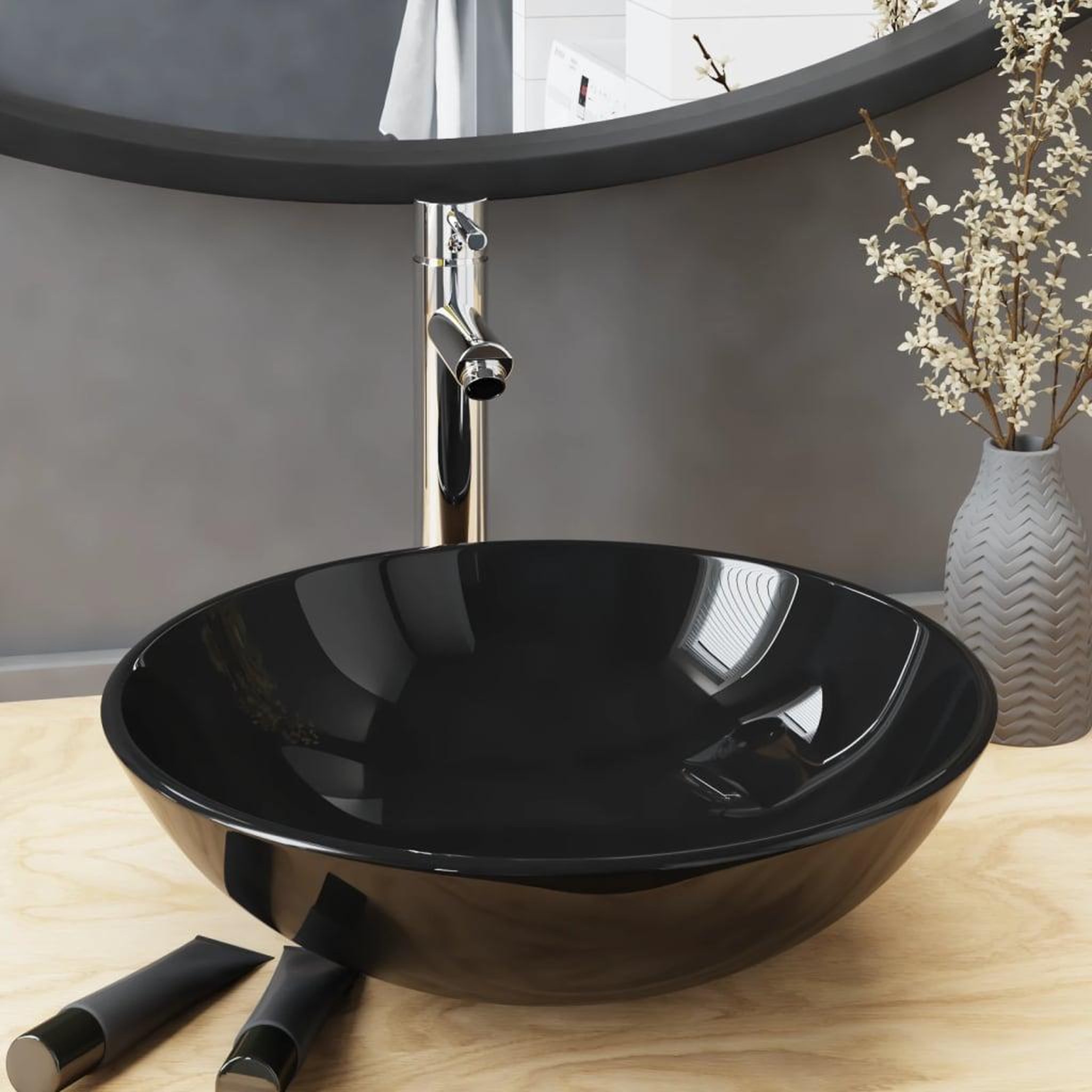 VIDAXL Lavabo de bain avec robinet et drain a poussoir Verre trempe