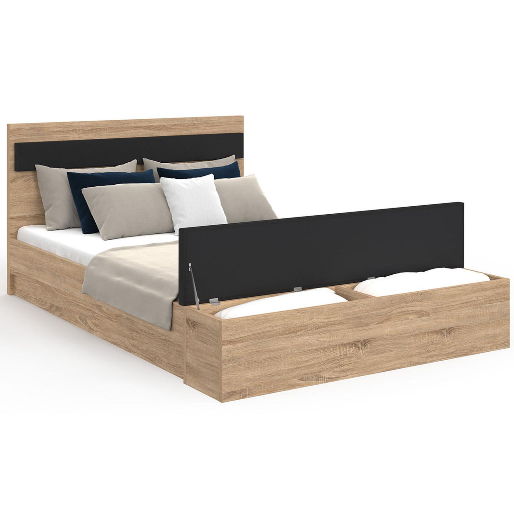 Voir la diapositive 5 : ID MARKET Lit double gaelle tête de lit + banc coffre et sommier 140 x 190 cm bois et noir