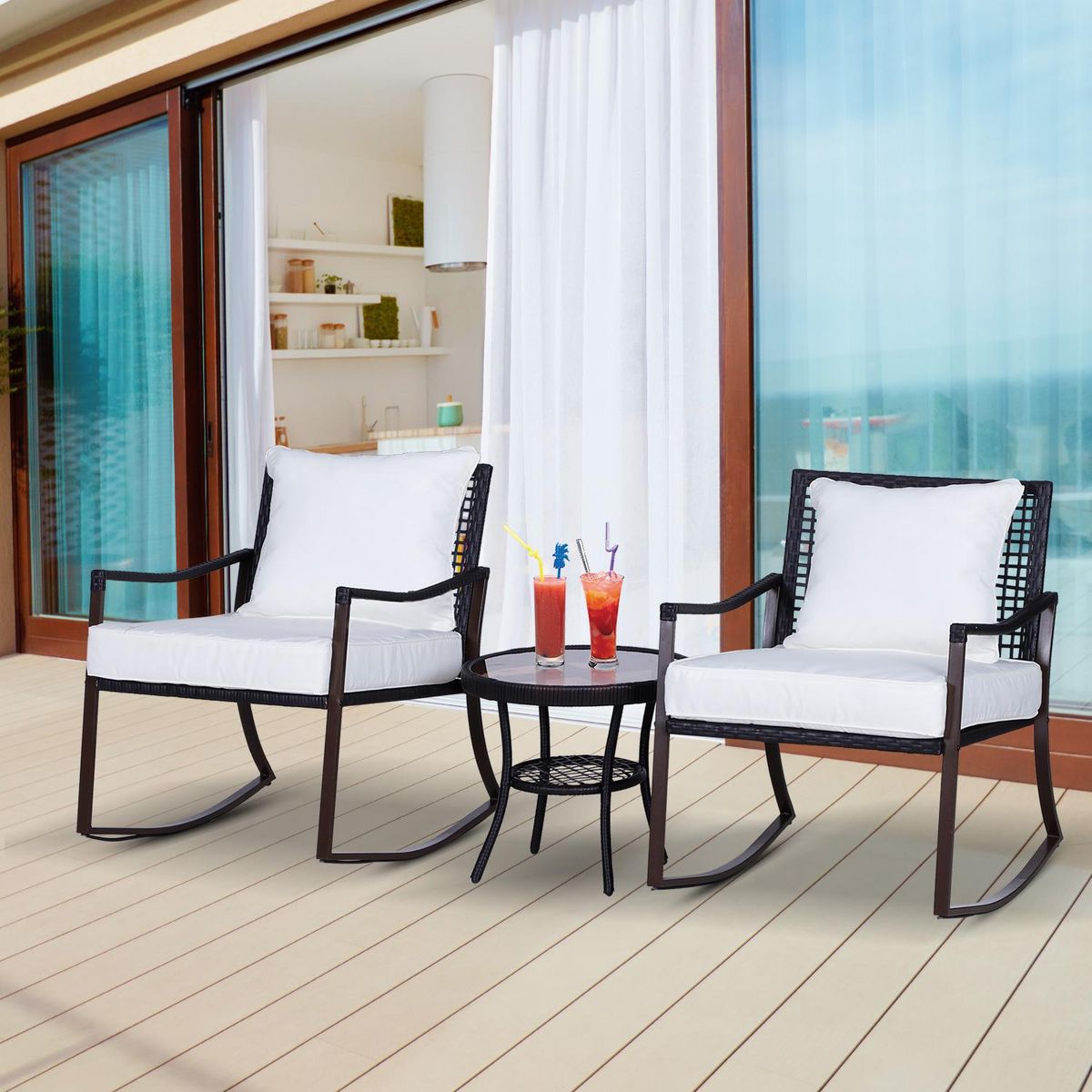 OUTSUNNY Outsunny Ensemble de jardin 3 pièces style cosy 2 fauteuils à bascule avec coussins assise dossier + table basse résine tressée brun crème