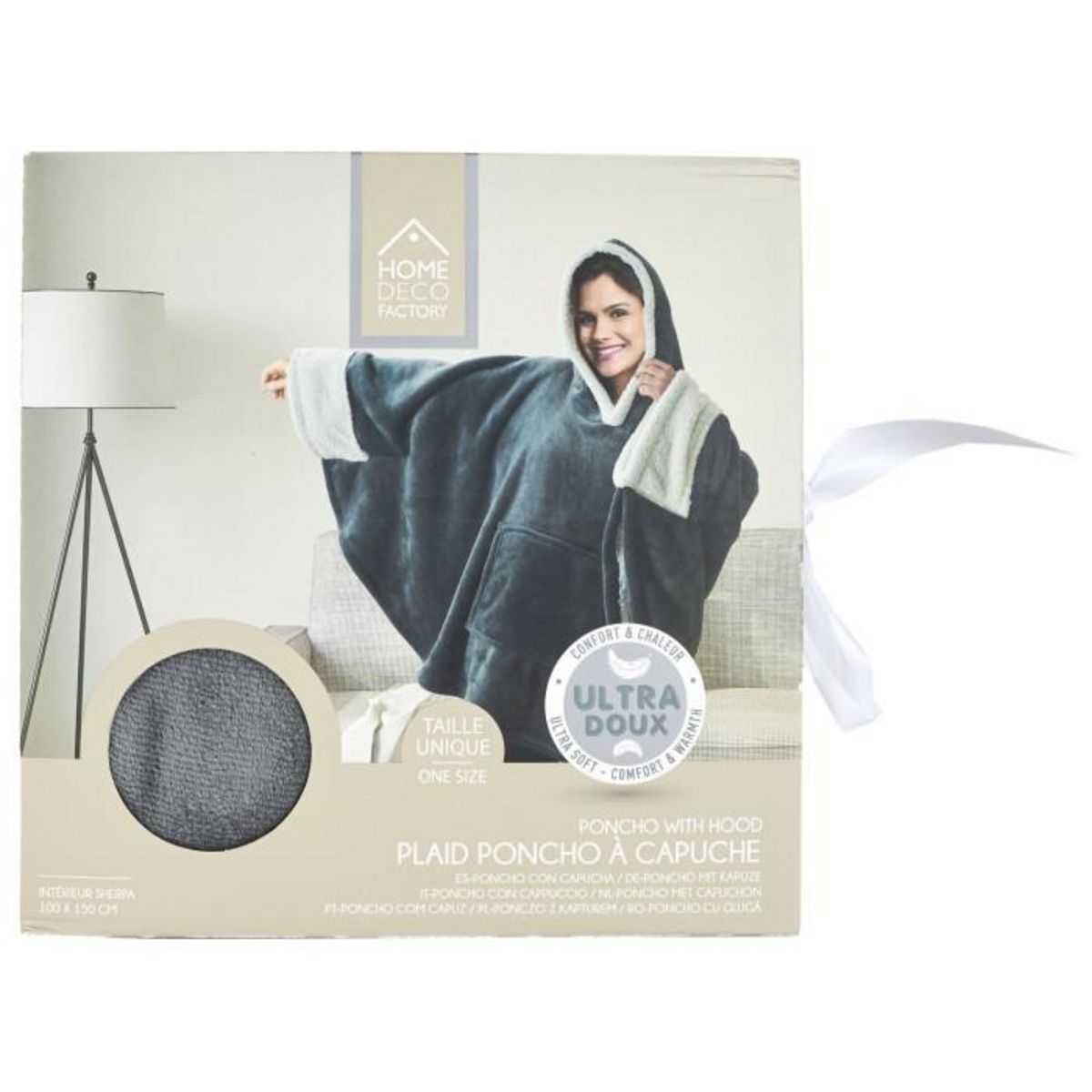 Paris Prix Plaid Poncho à Capuche  Sherpa  100x150cm Gris Foncé