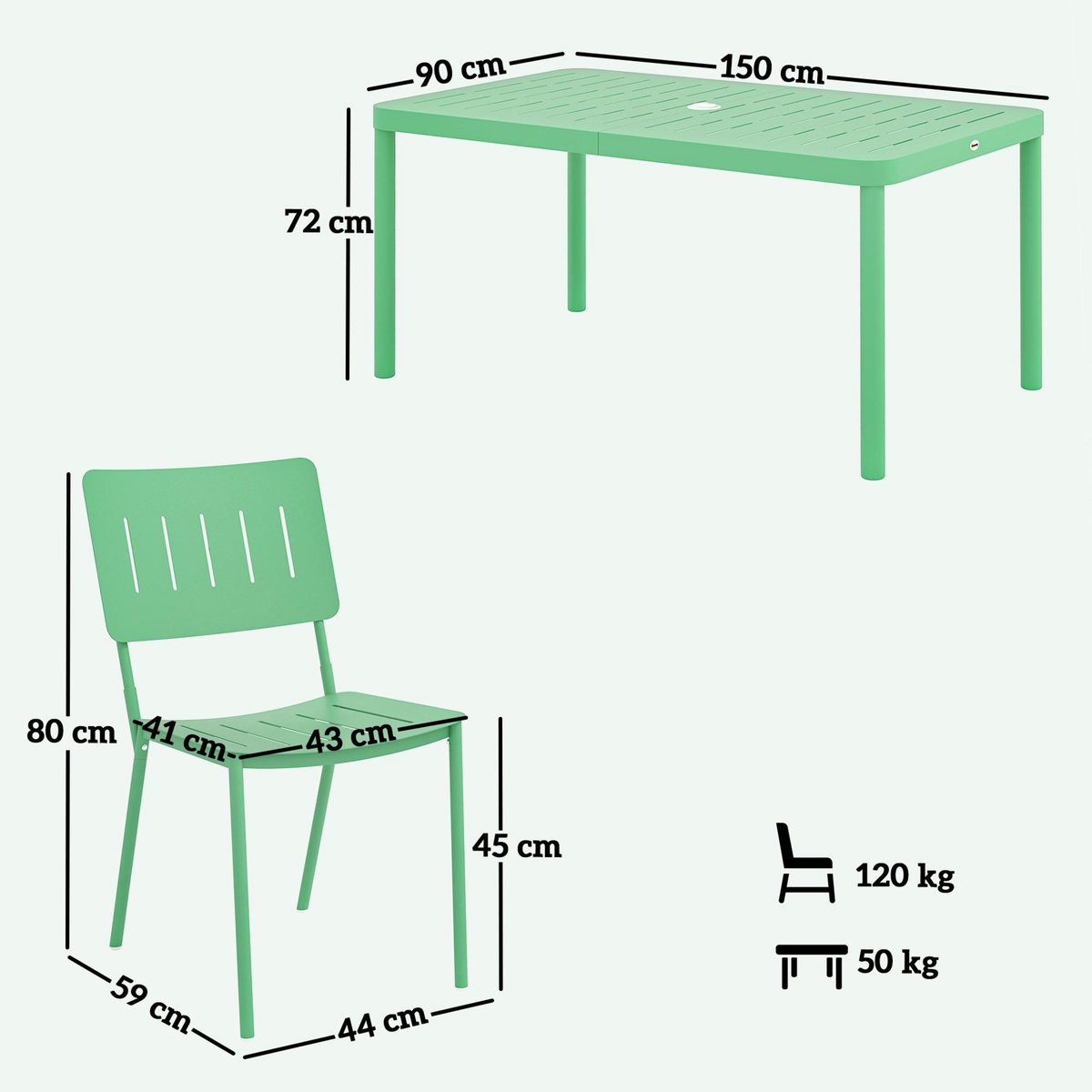 OUTSUNNY Salon de jardin - ensemble déjeuner 6 places 7 pièces - table et 6 chaises empilables - acier thermolaqué vert
