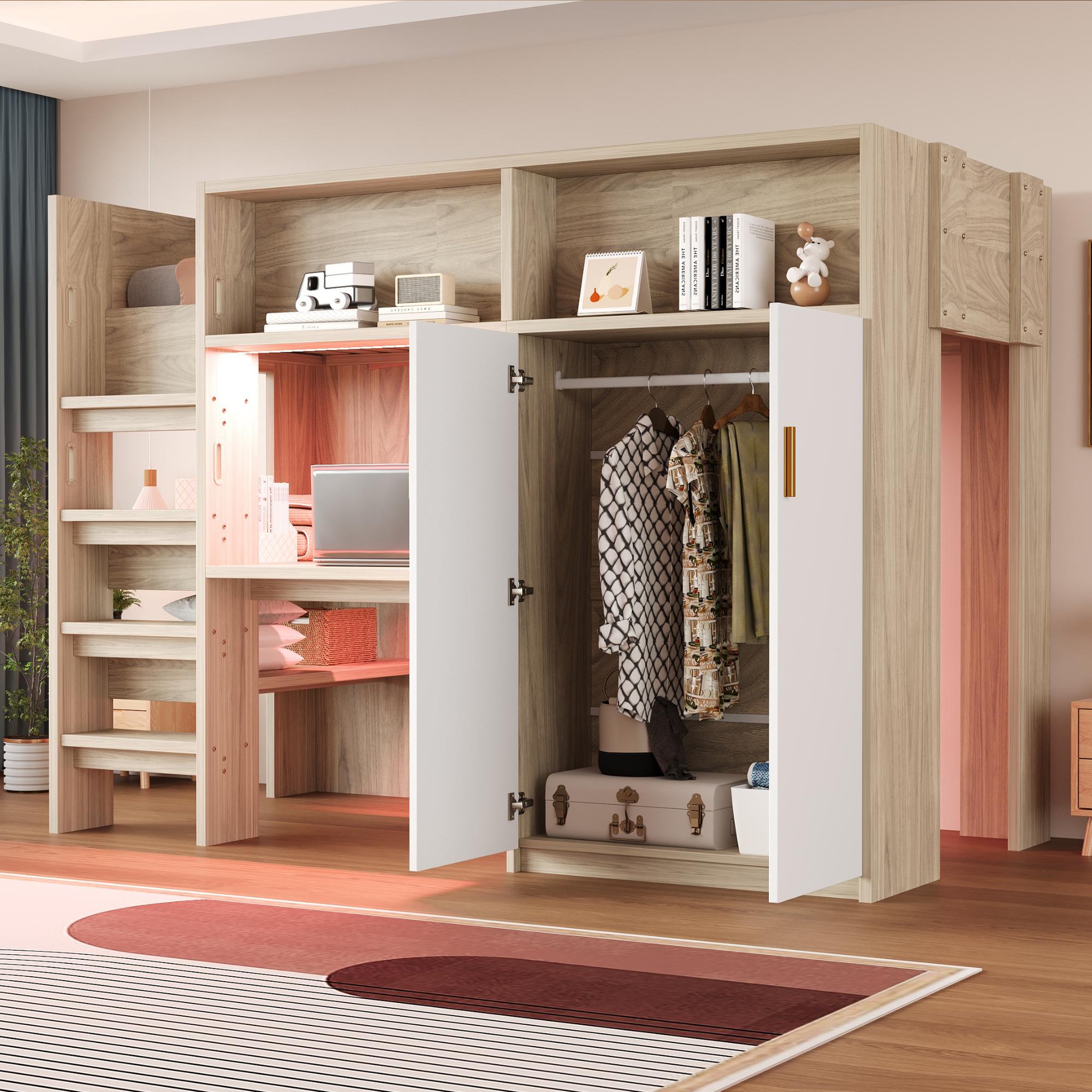 Voir la diapositive 5 : MERAX Lit mezzanine 90x200 cm coloris naturel led mdf