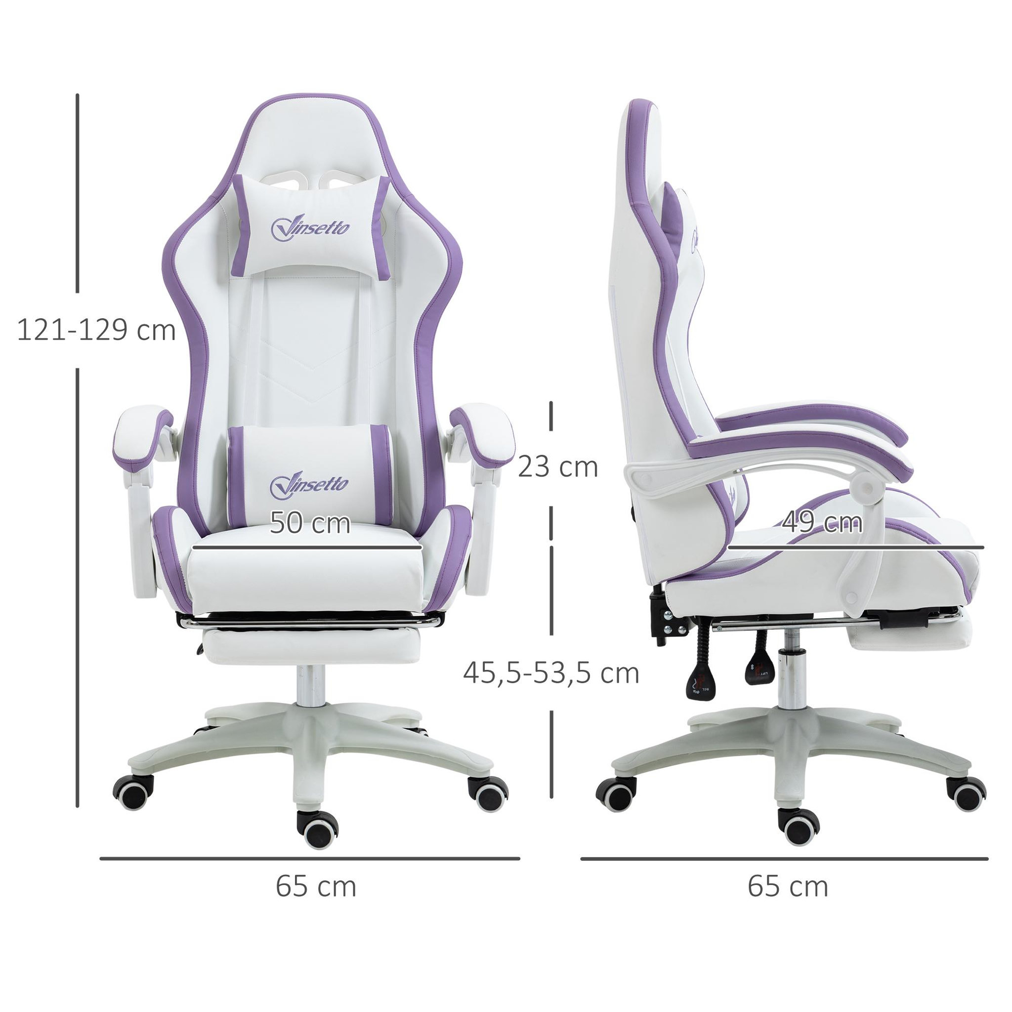 Voir la diapositive 3 : VINSETTO Chaise de bureau gaming - inclinable, pivotant, réglable - coussins lombaires têtière inclus - mauve blanc