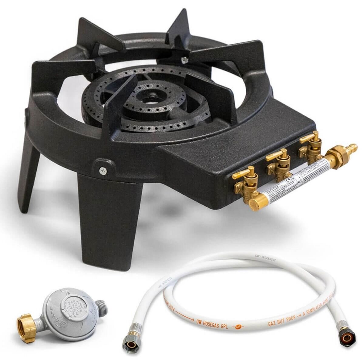 MEVA Rechaud gaz fonte véritable 9.8 KW 4 pieds 3 robinets + Tuyau gaz 1.50m et Détendeur Butane