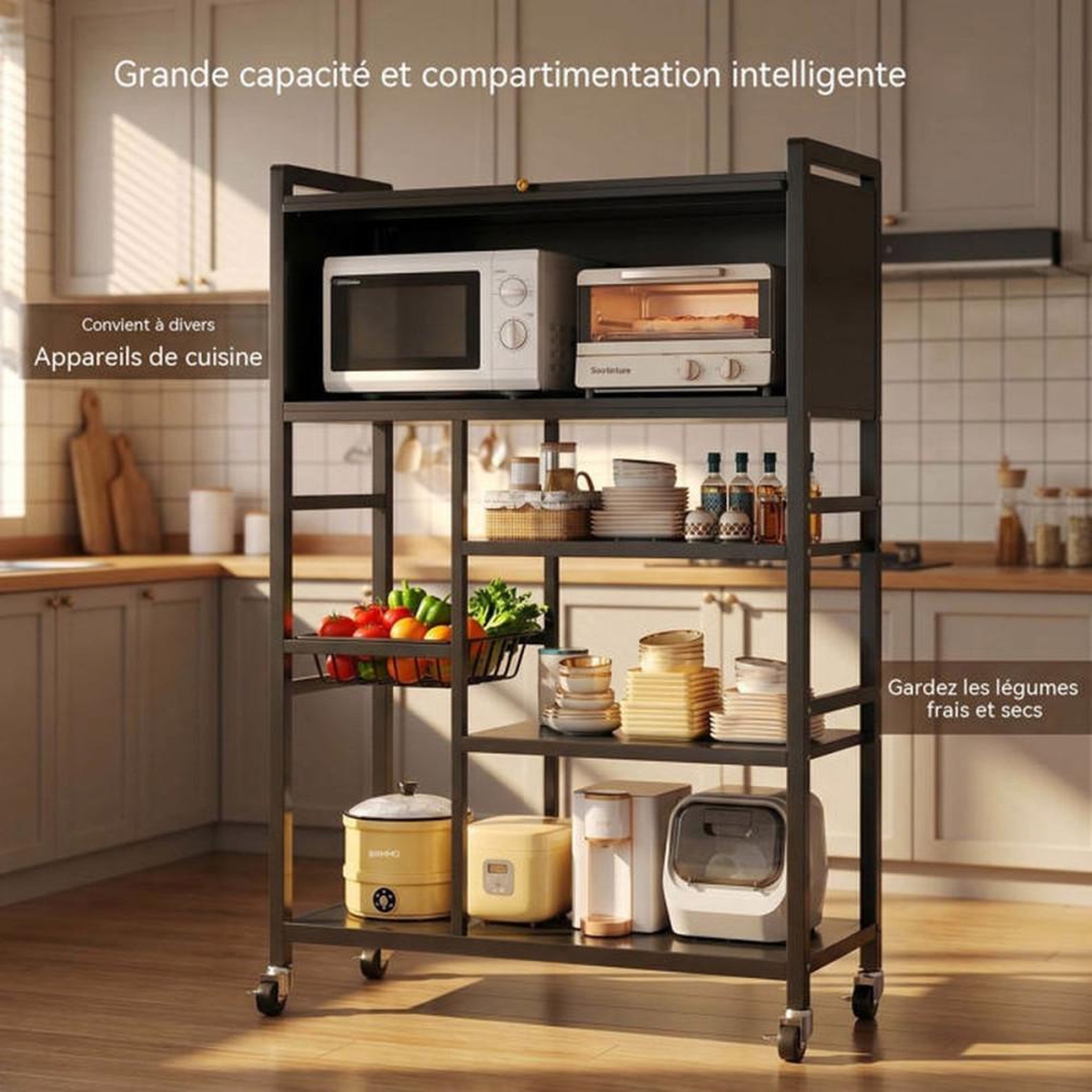 Voir la diapositive 3 : Chariot étagère cuisine 5 niveaux noir en inox avec porte translucide et panier, 4 roulettes universelles dont 2 avec frein