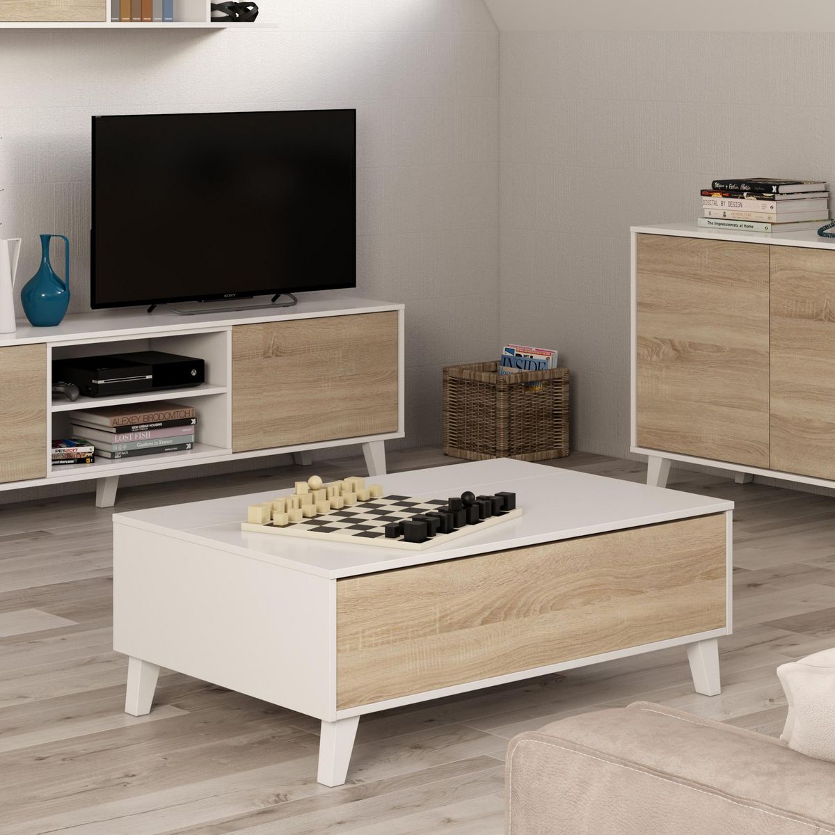 VS VENTA-STOCK Table Basse Relevable Kira Couleur Chêne/Blanc, 100 cm Largeur