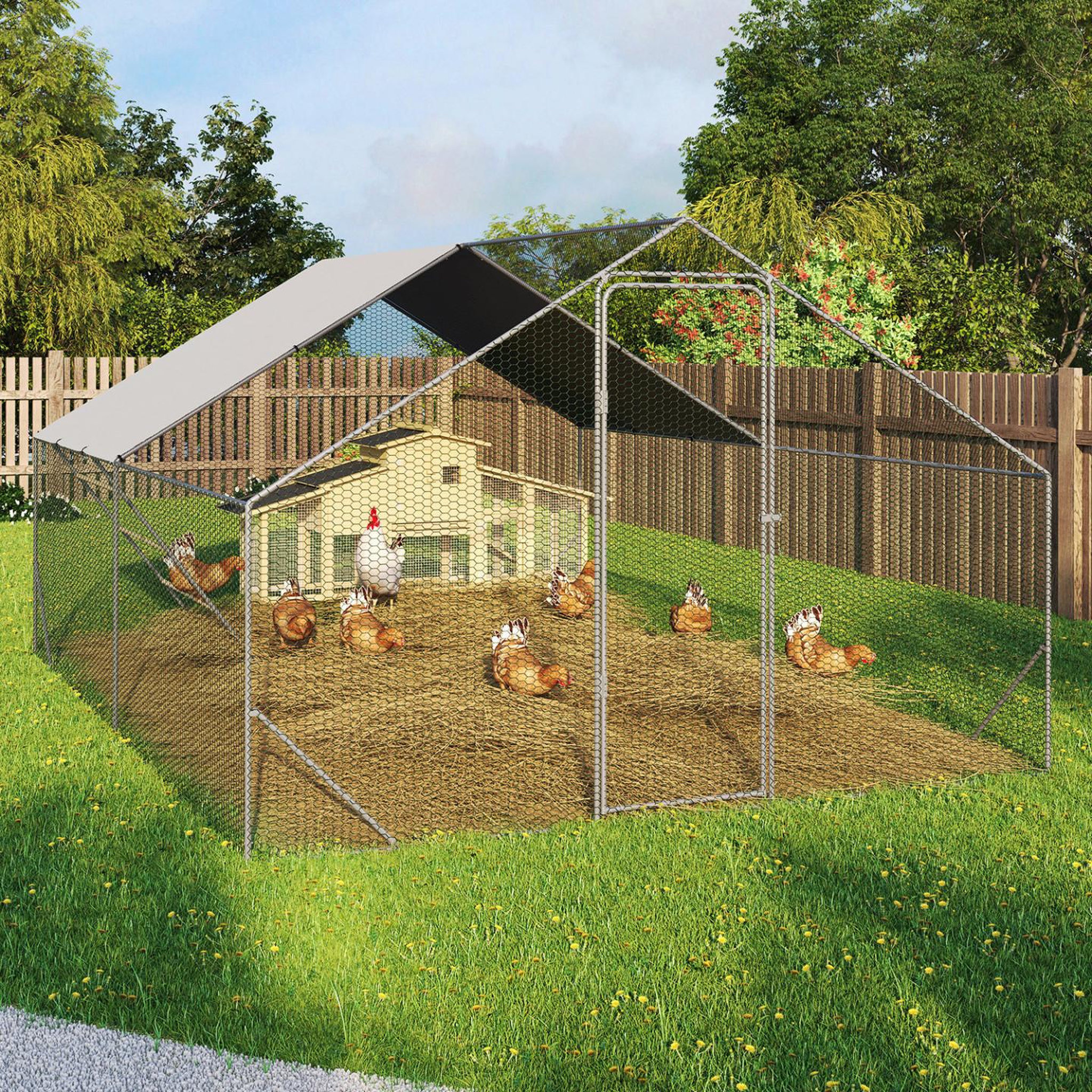 Voir la diapositive 2 : ID MARKET Enclos poulailler 12 m² 4x3 m avec grand perchoir 4 niveaux en bois acier galvanisé
