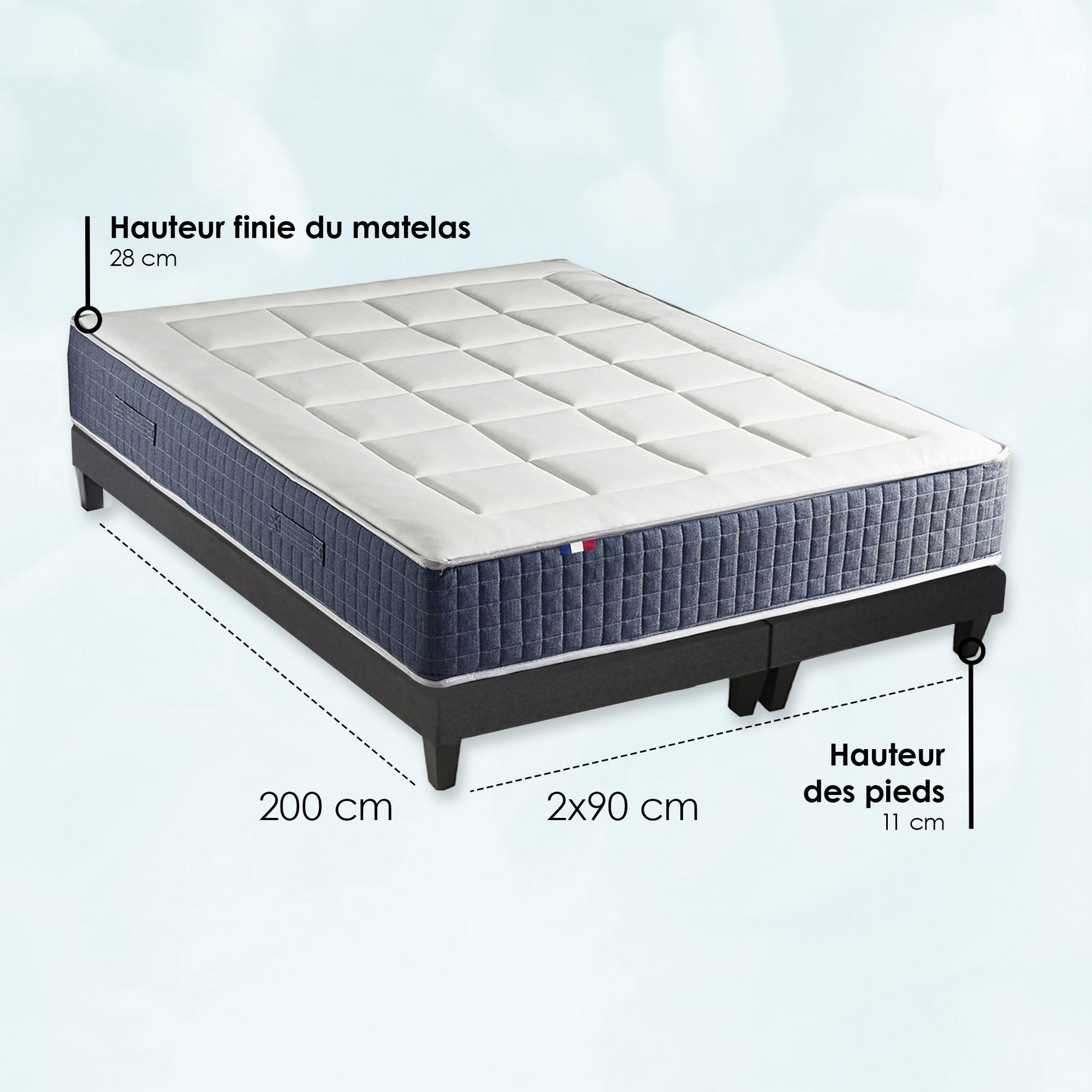 Voir la diapositive 5 : IDLITERIE Ensemble Matelas Ressort 7 zones + Mémoire de forme + Sommier KING STYLE + couette + oreillers - Fabriqué en France