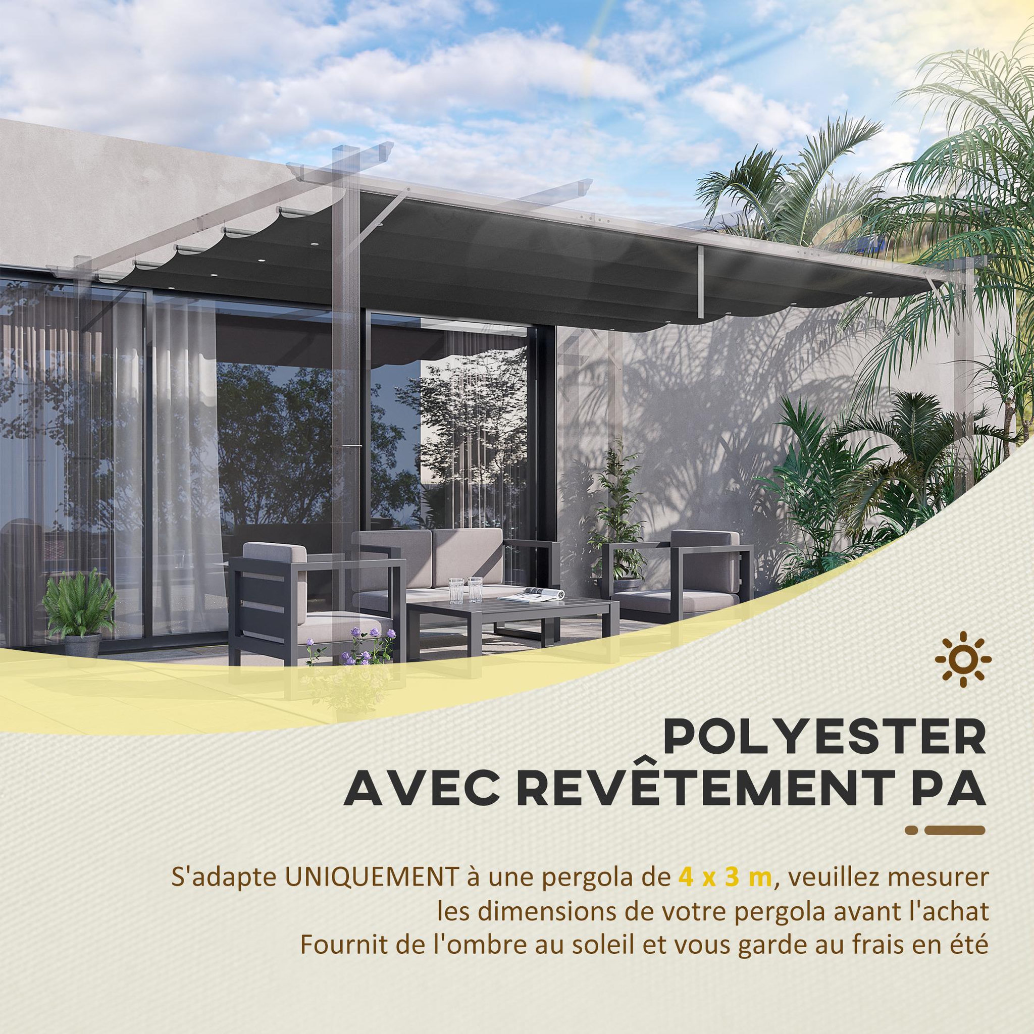 Voir la diapositive 4 : OUTSUNNY Toile de rechange pour pergola rétractable 4 x 3 m polyester haute densité 180 g/m² imperméabilisé gris