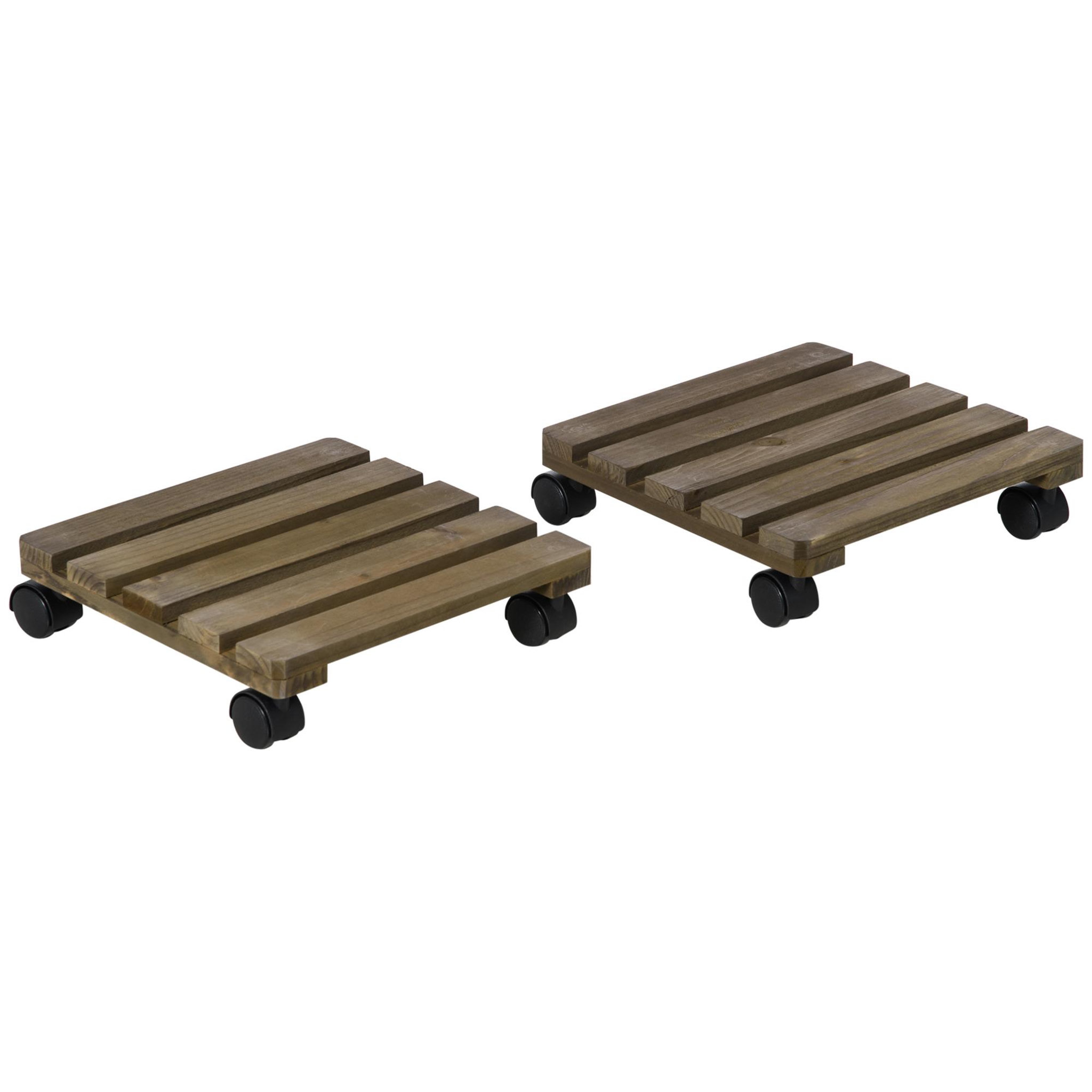Voir la diapositive 1 : OUTSUNNY Porte plante à roulettes - support de pots de fleurs à roulettes - lot de 2 - bois sapin pré-huilé