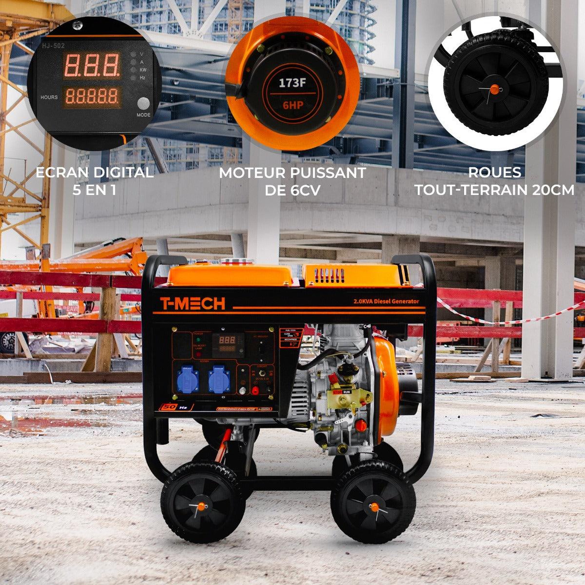 Voir la diapositive 2 : T-MECH Générateur à diesel monophasé à cadre ouvert - 2 200w