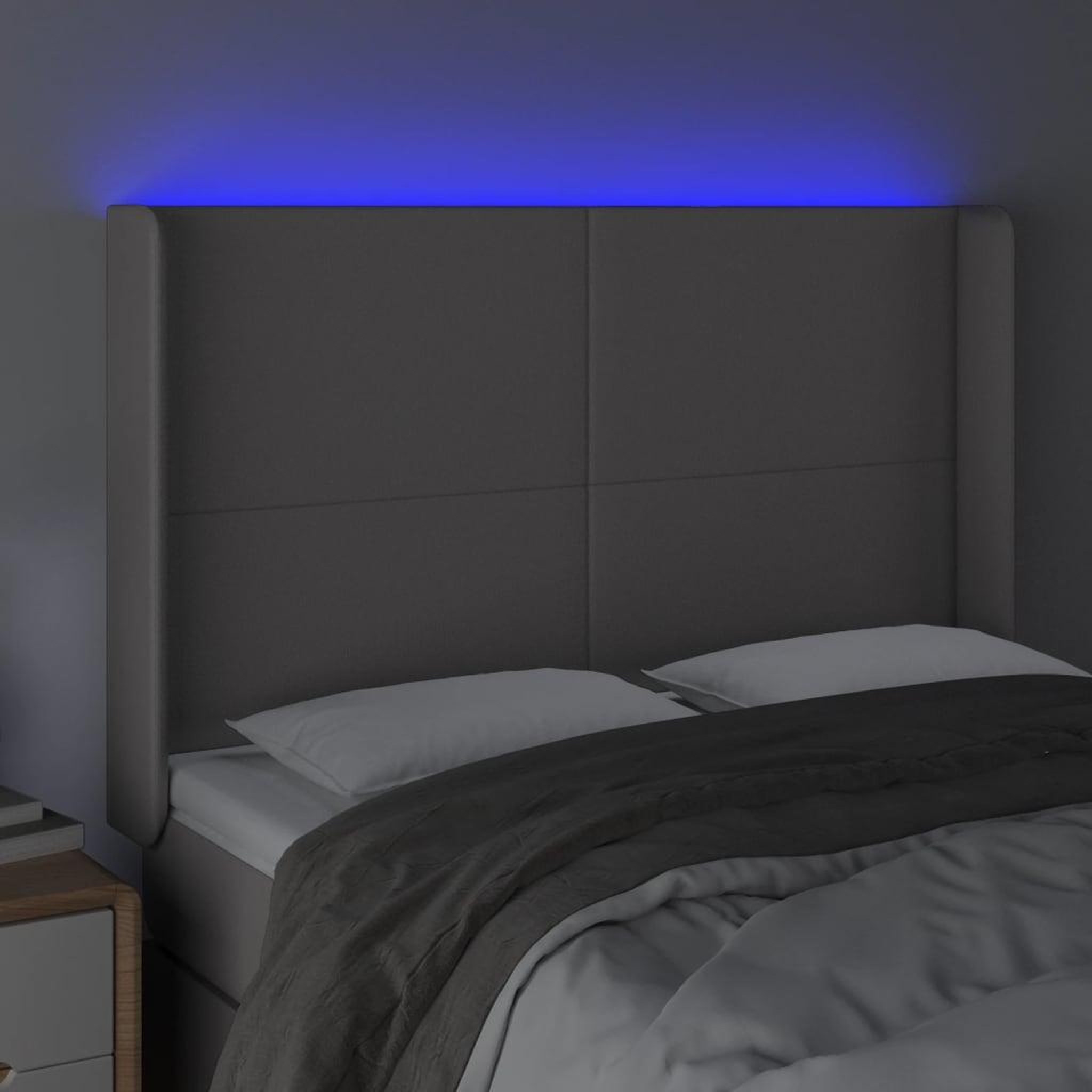 Voir la diapositive 4 : VIDAXL Tete de lit a LED Gris 147x16x118/128 cm Similicuir