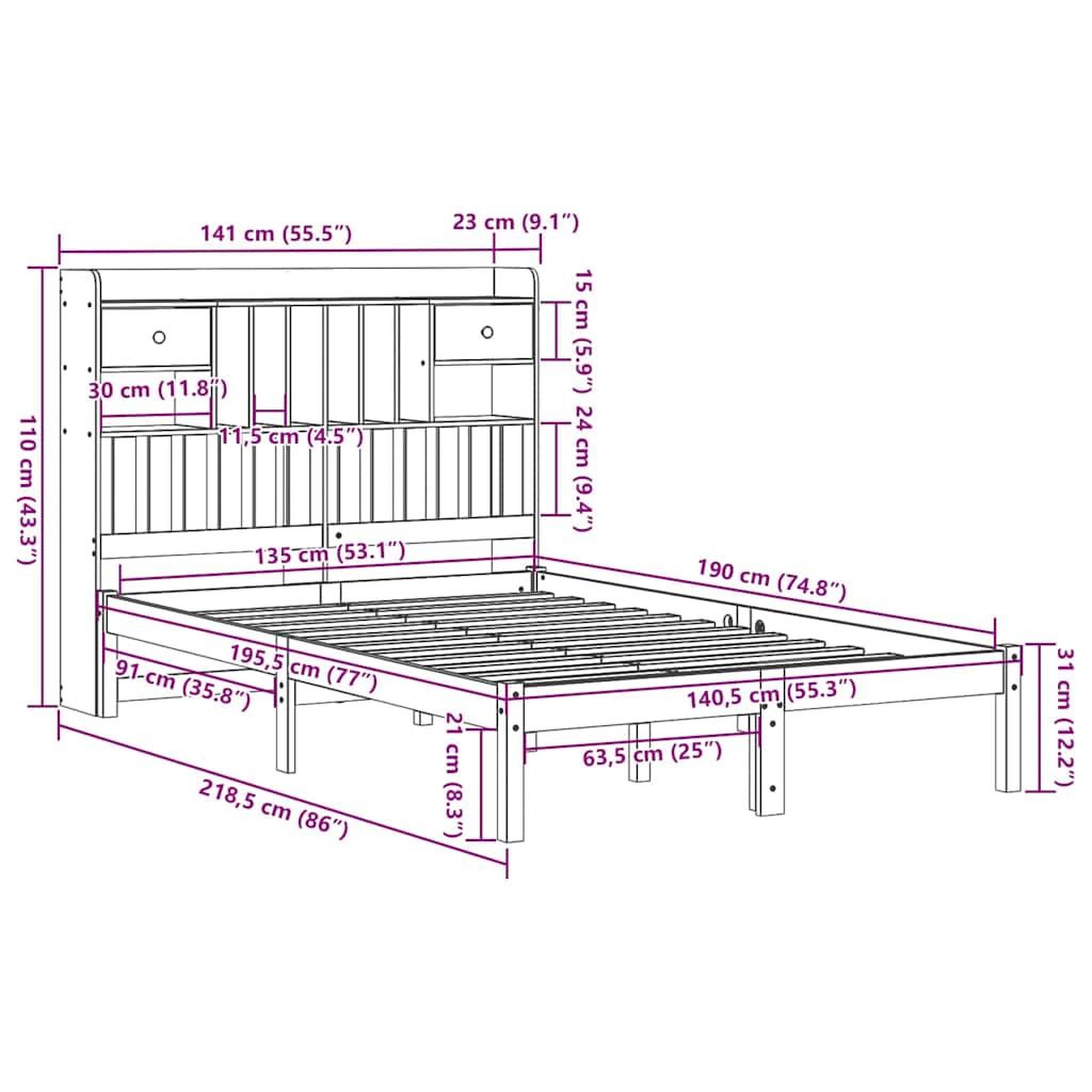 Voir la diapositive 6 : VIDAXL Lit bibliotheque sans matelas cire marron 135x190 cm pin massif
