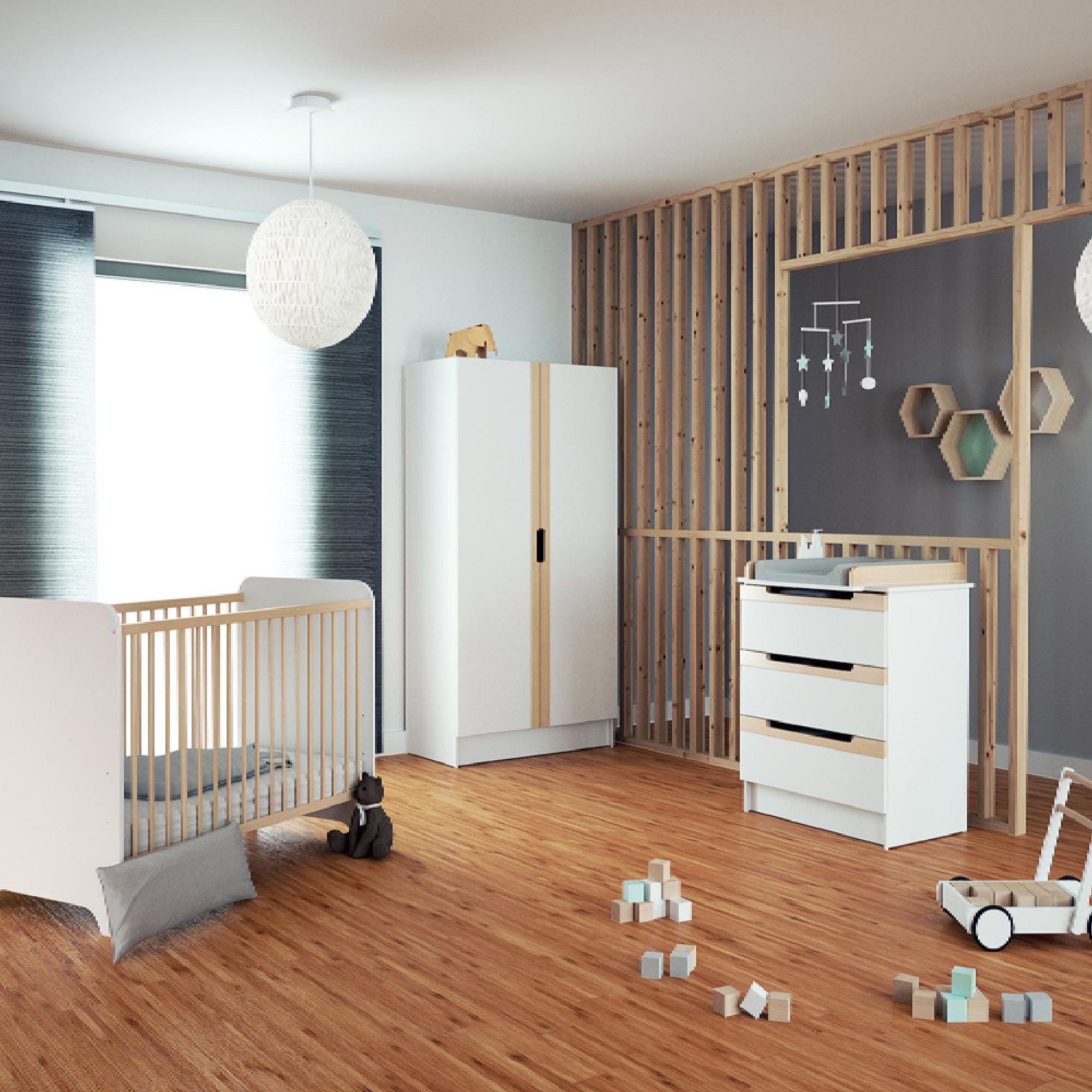Voir la diapositive 3 : AT4 Lit bébé en bois CARROUSEL Blanc et Hêtre Verni 60 x 120 cm
