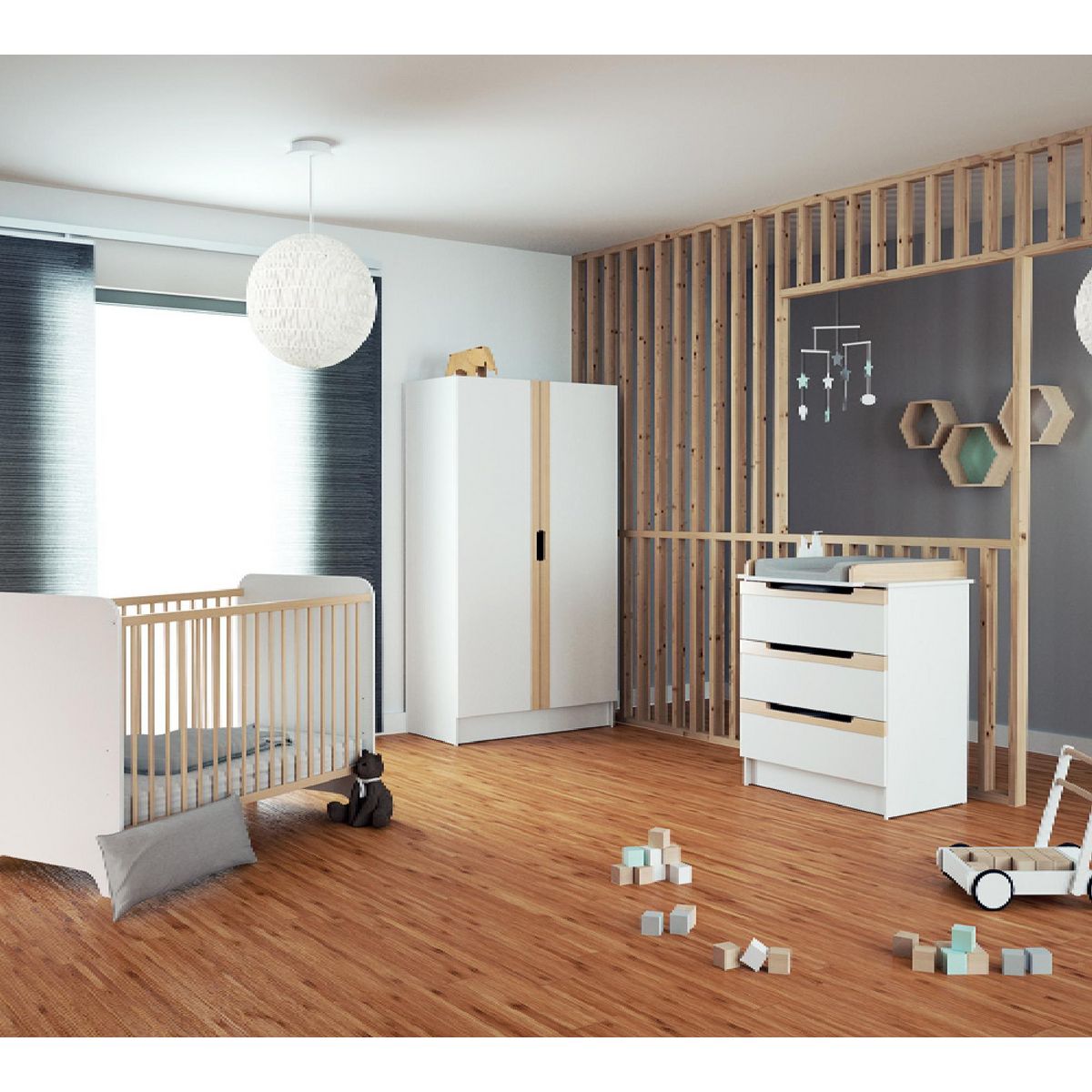 AT4 Lit bébé en bois CARROUSEL Blanc et Hêtre Verni 60 x 120 cm