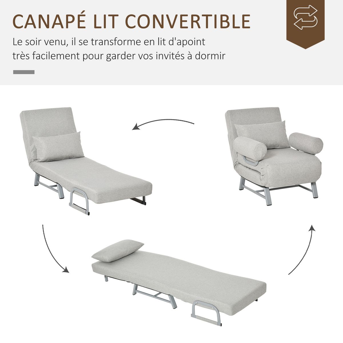 HOMCOM Fauteuil chauffeuse canapé-lit convertible inclinable 1 place grand confort coussin lombaires accoudoirs piètement métal lin gris clair