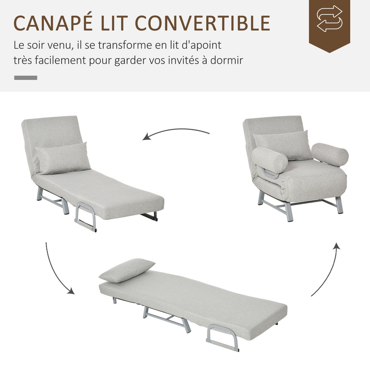 HOMCOM Fauteuil chauffeuse canapé-lit convertible inclinable 1 place grand confort coussin lombaires accoudoirs piètement métal lin gris clair