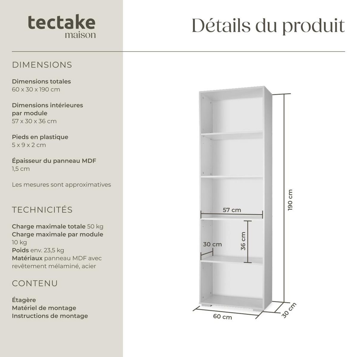 tectake Bibliothèque moderne et fonctionnelle en MDF solide blanc