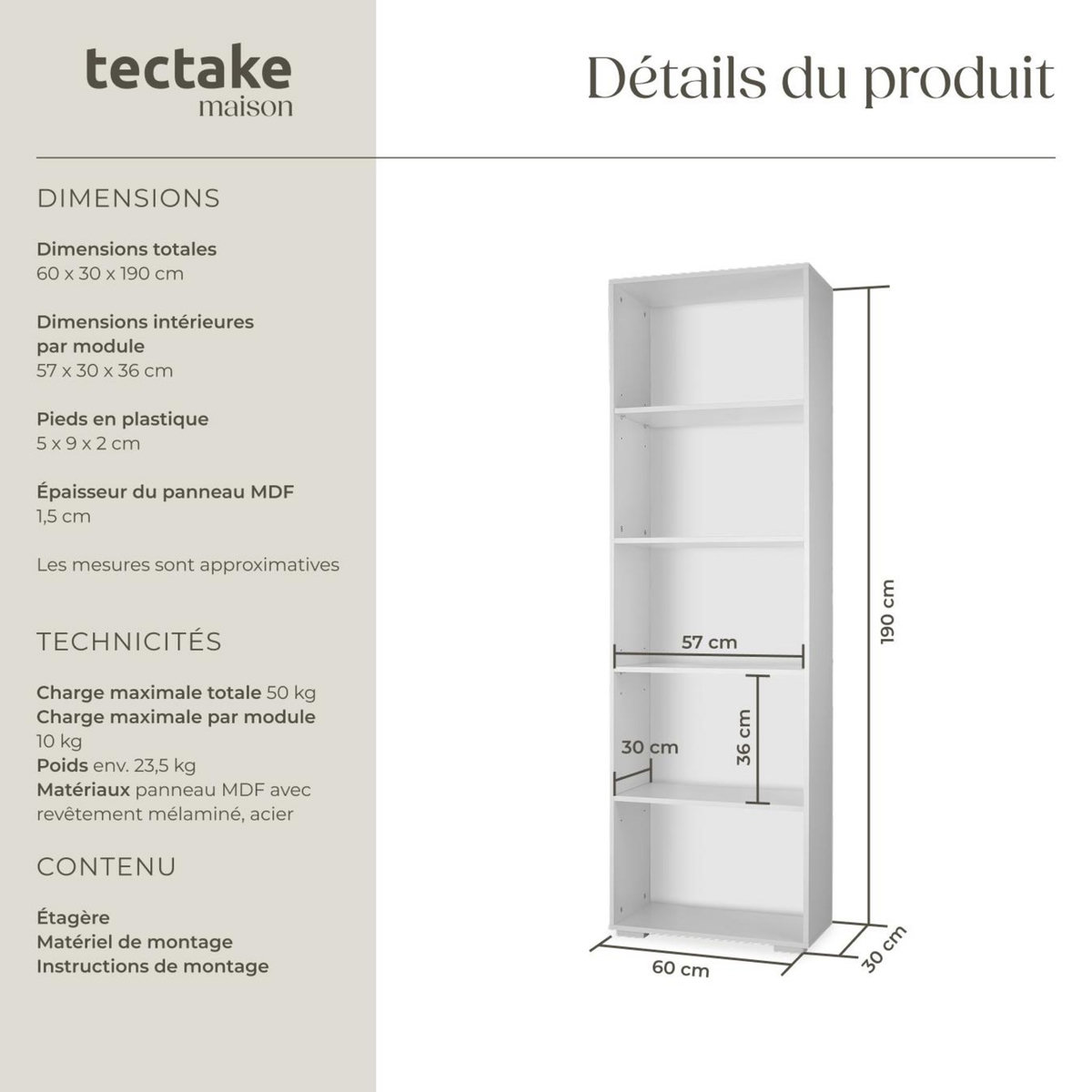 tectake Bibliothèque moderne et fonctionnelle en MDF solide blanc