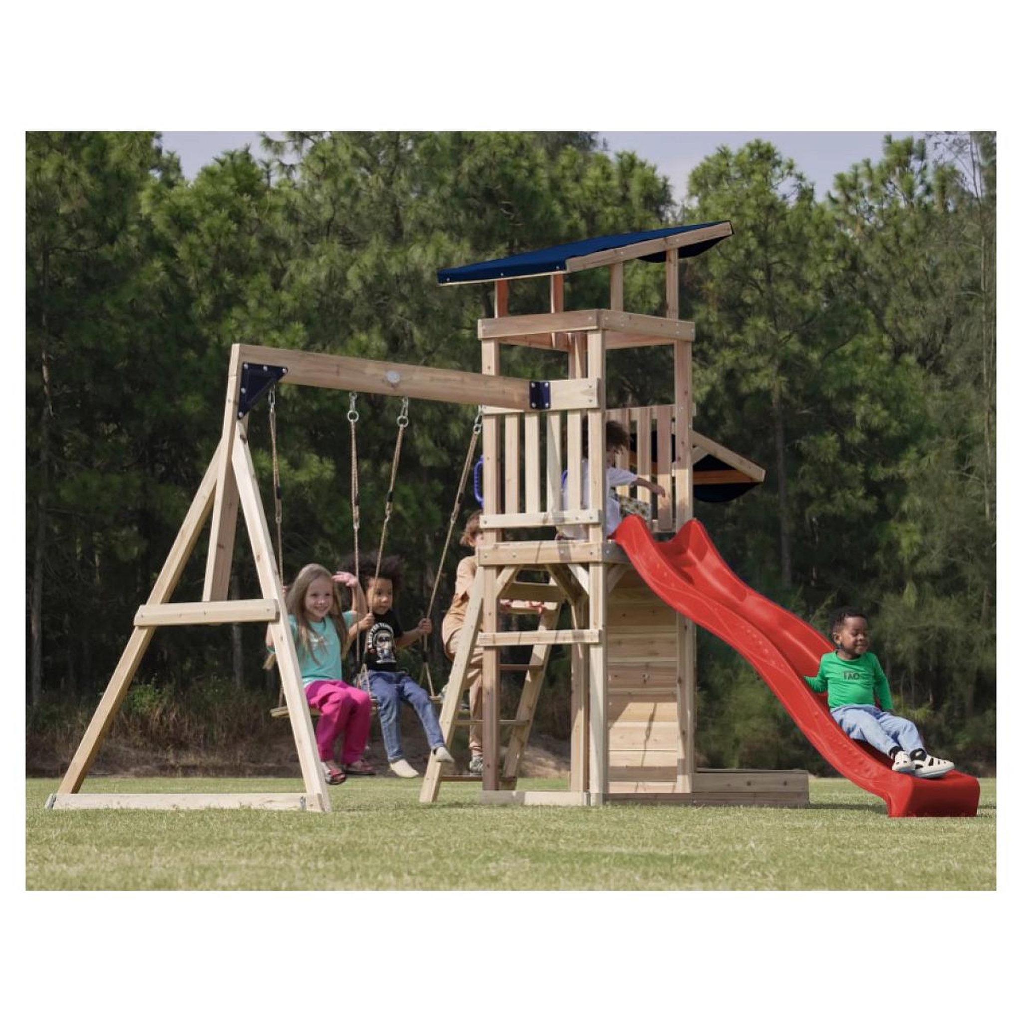 Voir la diapositive 3 : Axi House Portique Malik 2 balançoires + mur toboggan rouge