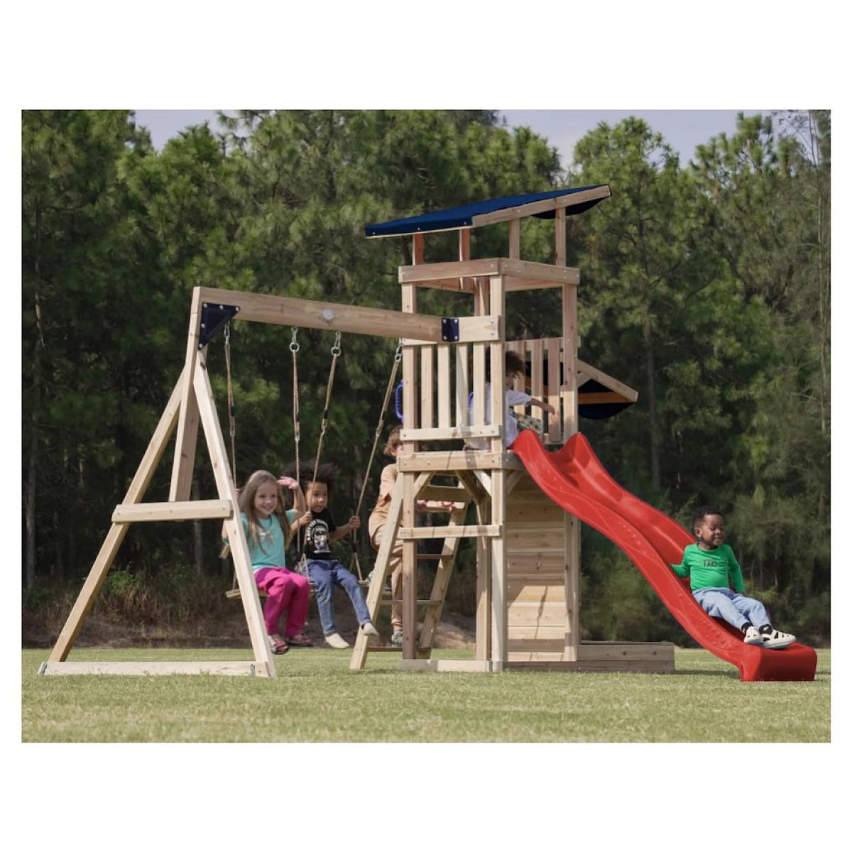 Axi House Portique Malik 2 balançoires + mur toboggan rouge