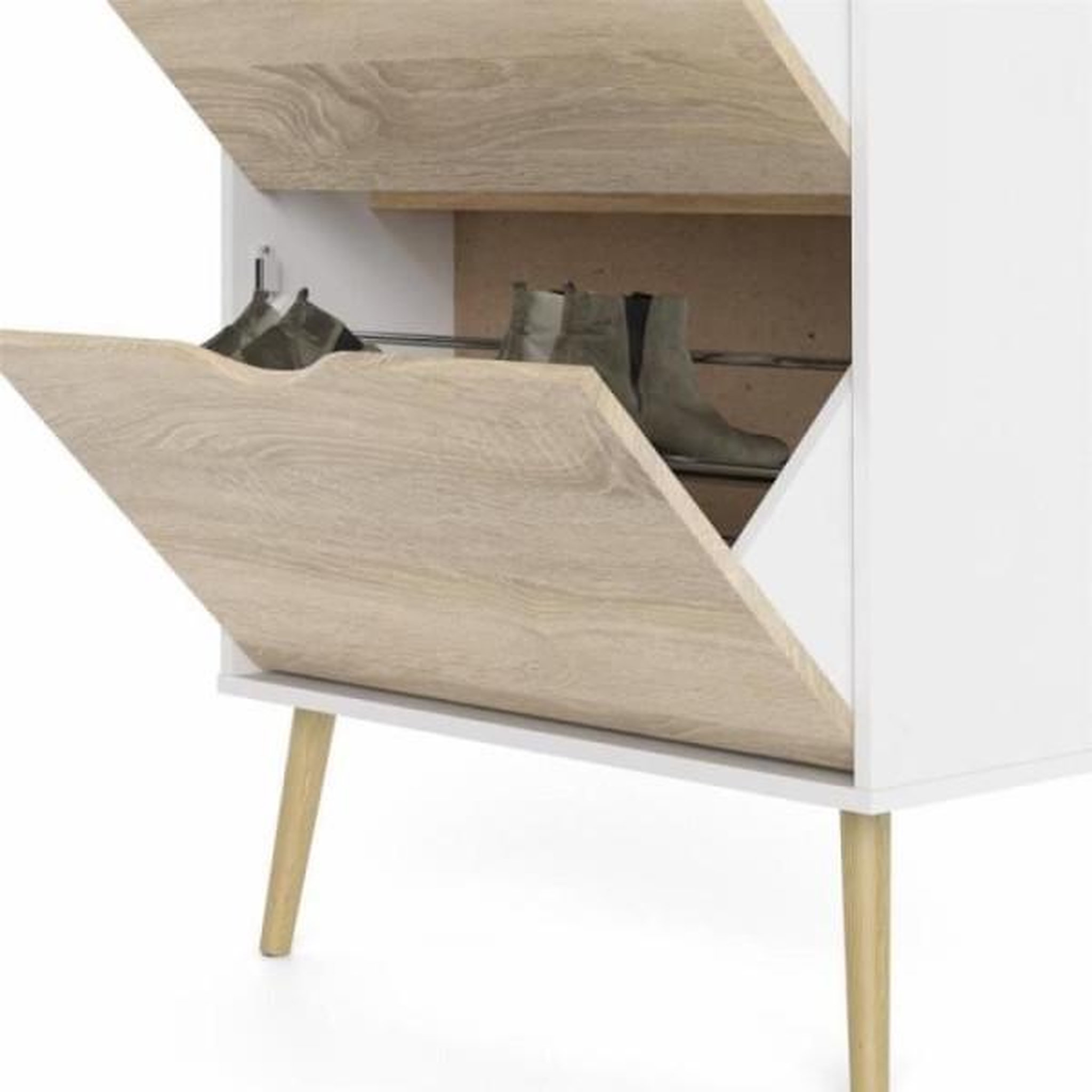 Voir la diapositive 5 : MARKET24 Meuble a chaussures - Blanc / Chene - 12 paires - Pietement évasé en bois massif - 70,2 x 23,9 x 138,9 cm ARO