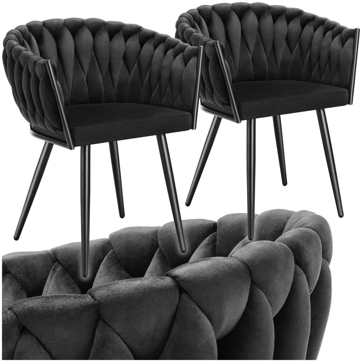 tectake Lot de chaises de salle à manger rembourrée avec revêtement en velours et design noué noir Lot de 2