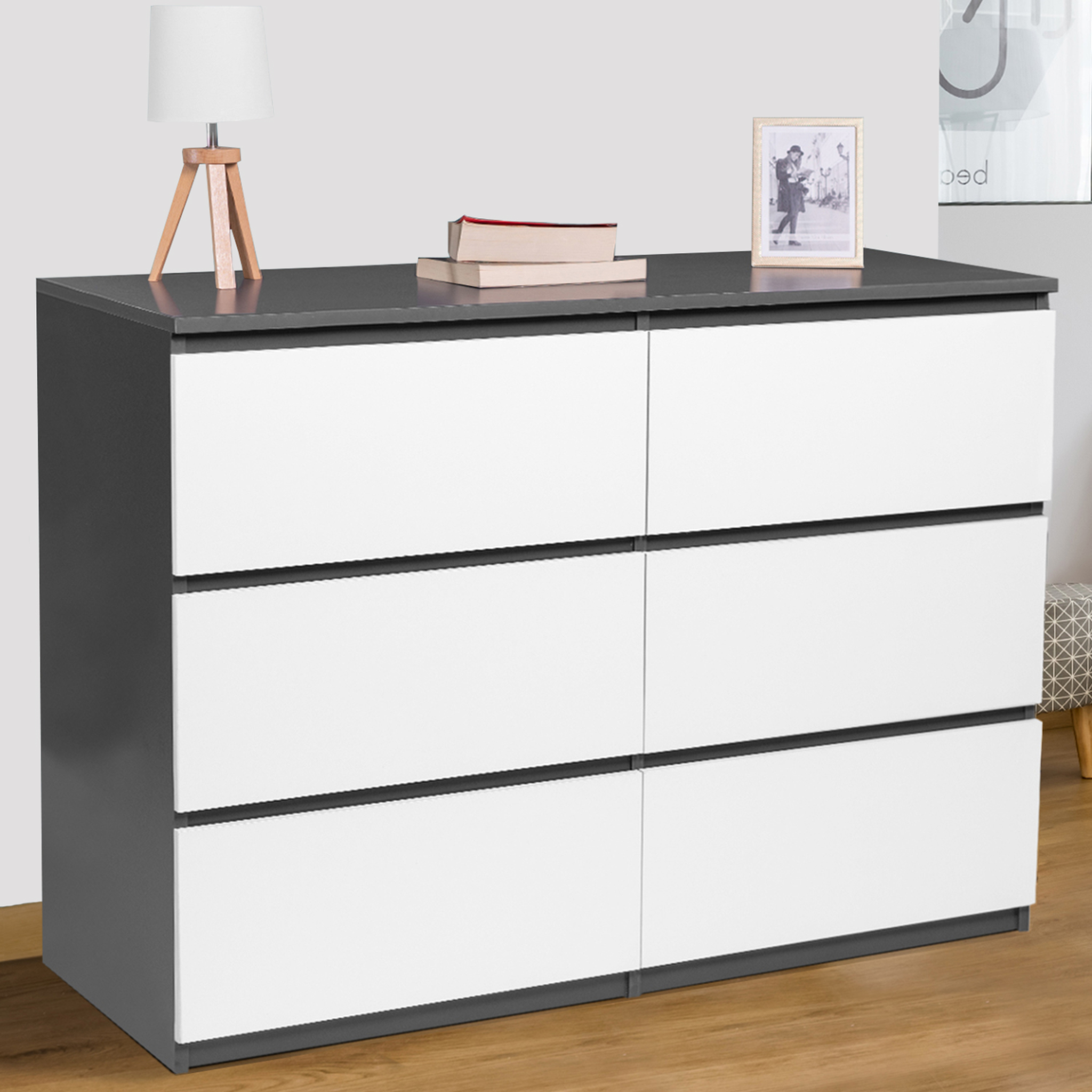 Voir la diapositive 2 : ID MARKET Commode 6 tiroirs tomi 110 cm bois gris et blanc