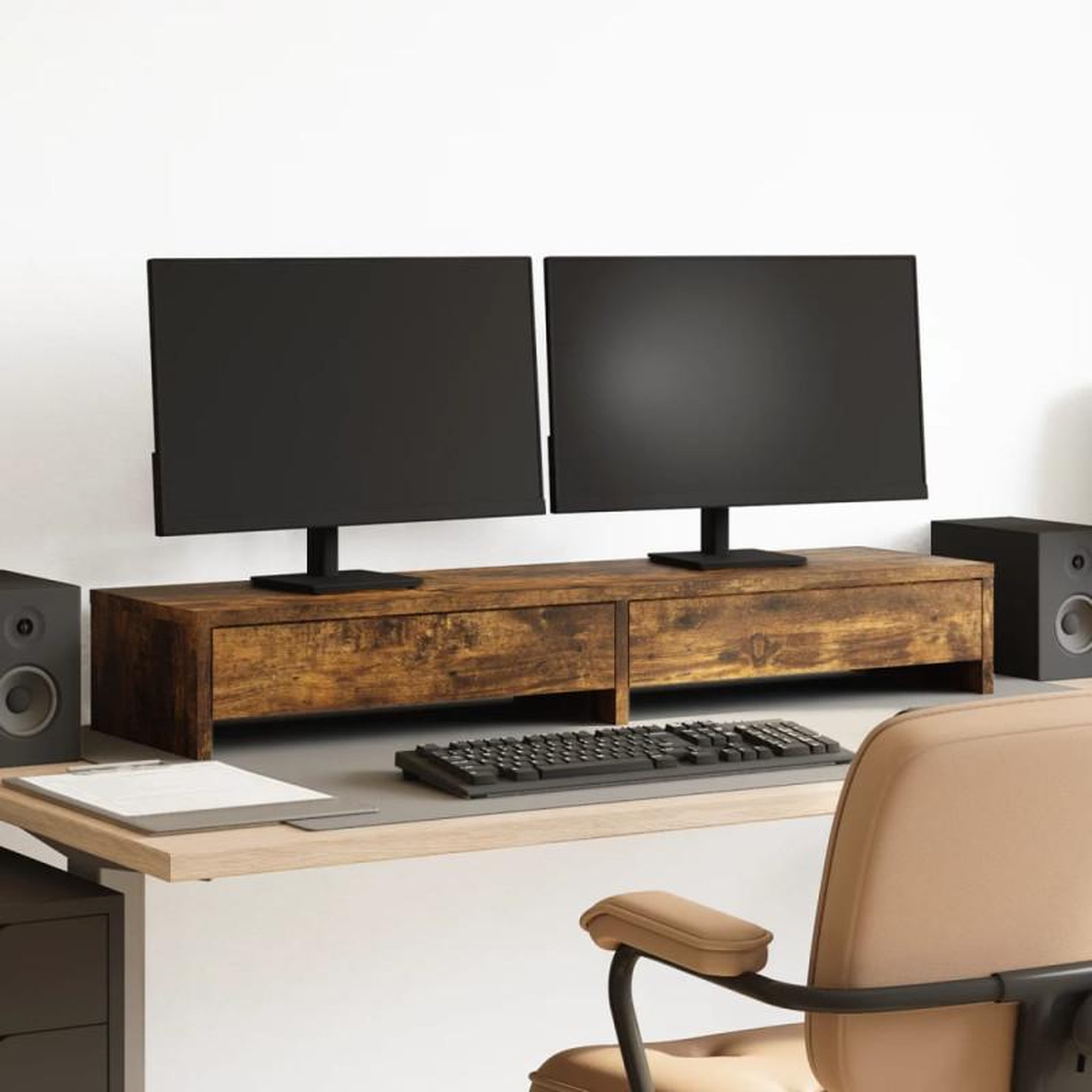 Voir la diapositive 1 : VIDAXL Support de moniteur avec tiroirs chêne fumé bois d ingénierie