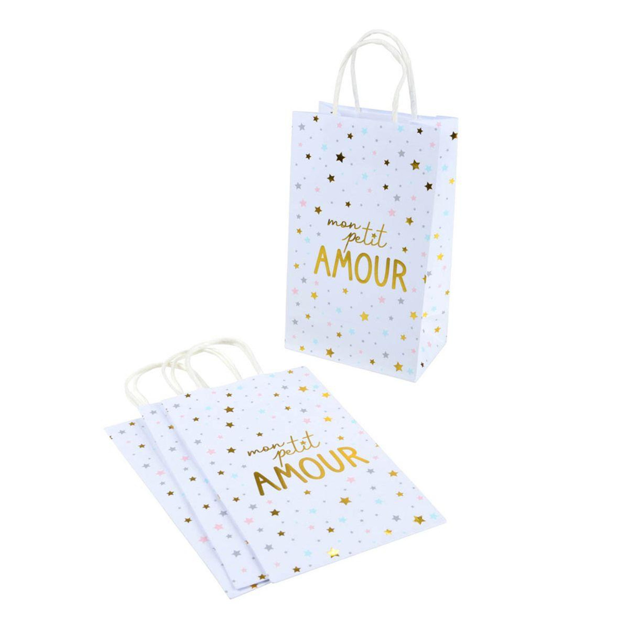 HOMEA Lot de 4 Sacs Cadeaux  Mon Petit Amour  27cm Blanc