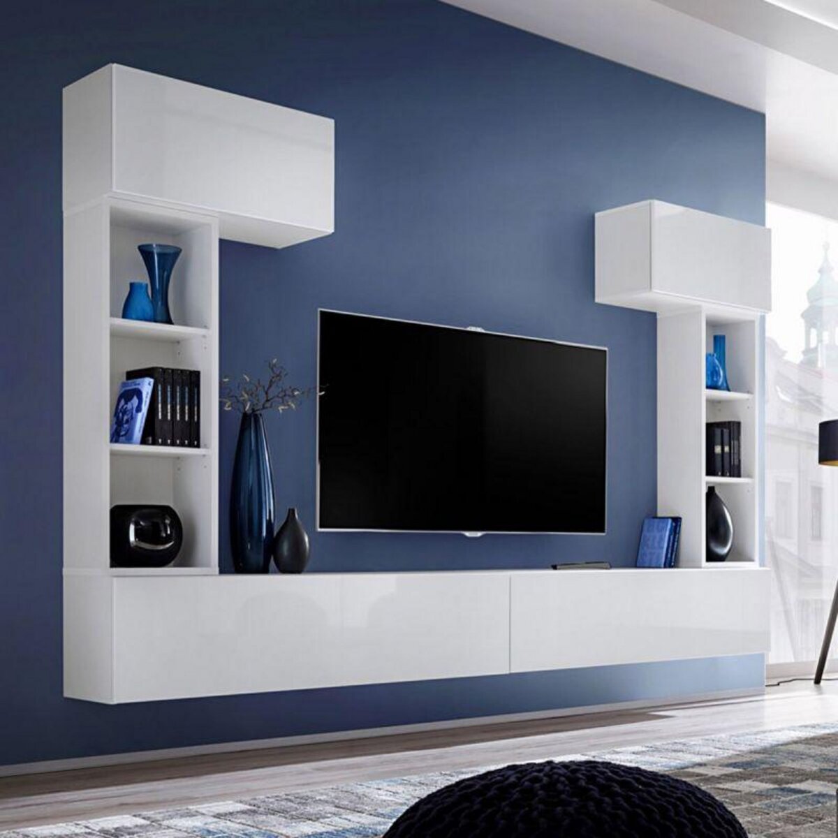 Meuble TV Mural Design Blox I 280cm Blanc & Noir