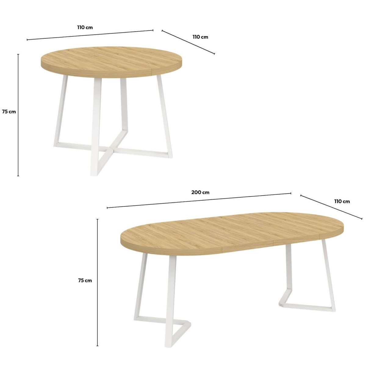 ID MARKET Table à manger extensible ronde SELMA 4-10 personnes bois et blanc 110-200 cm