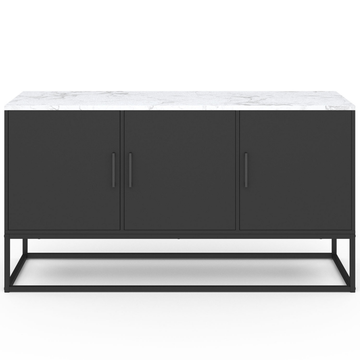 ID MARKET Buffet bas 113 cm ALASKA 3 portes noir plateau effet marbre blanc