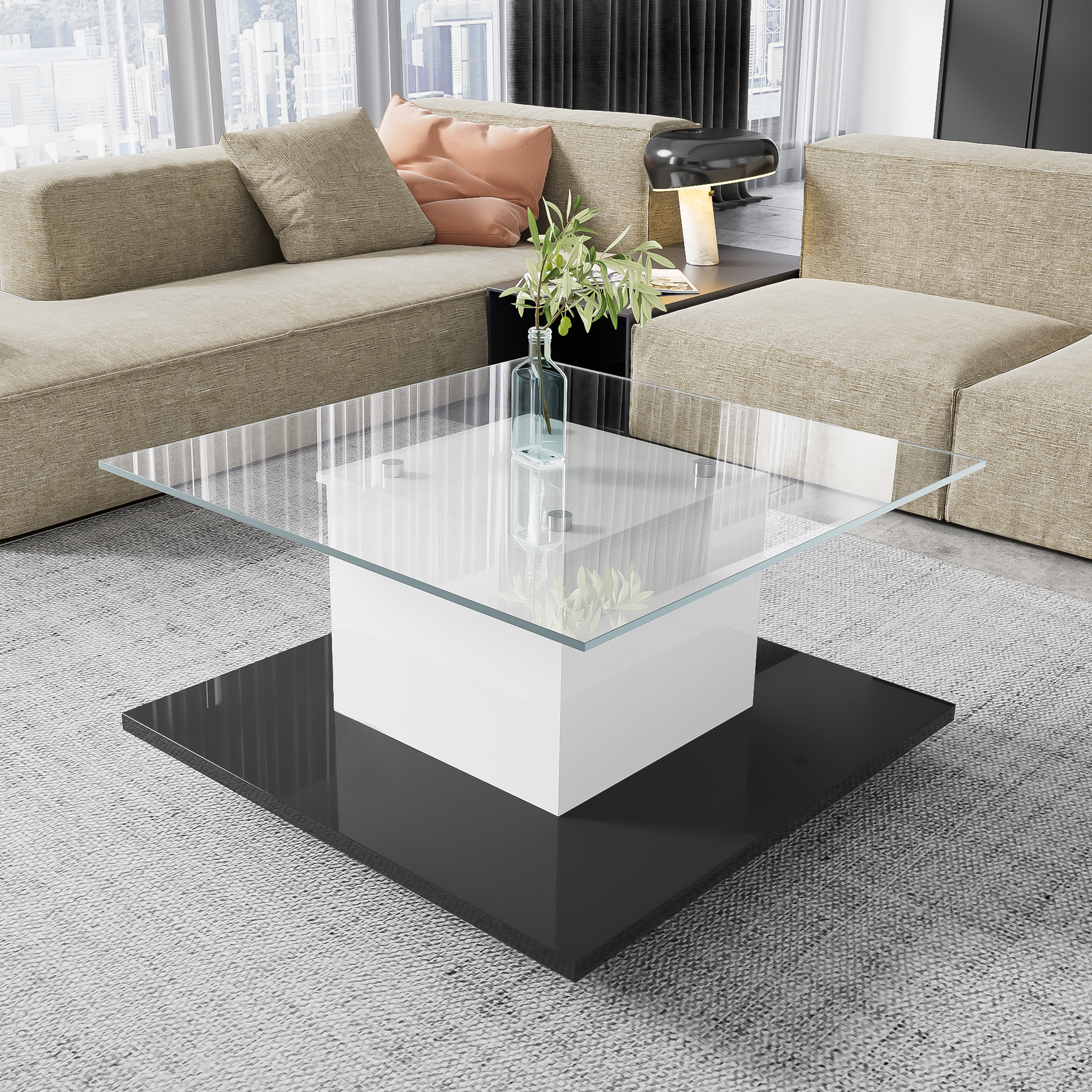 Voir la diapositive 3 : MERAX Table Basse Brillante Avec LED, Plateau En Verre Et Roues Pivotantes Amovibles