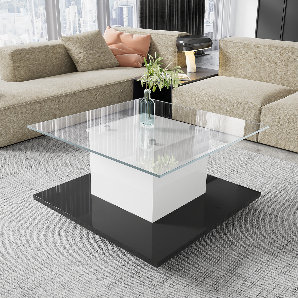 MERAX Table Basse Brillante Avec LED, Plateau En Verre Et Roues Pivotantes Amovibles