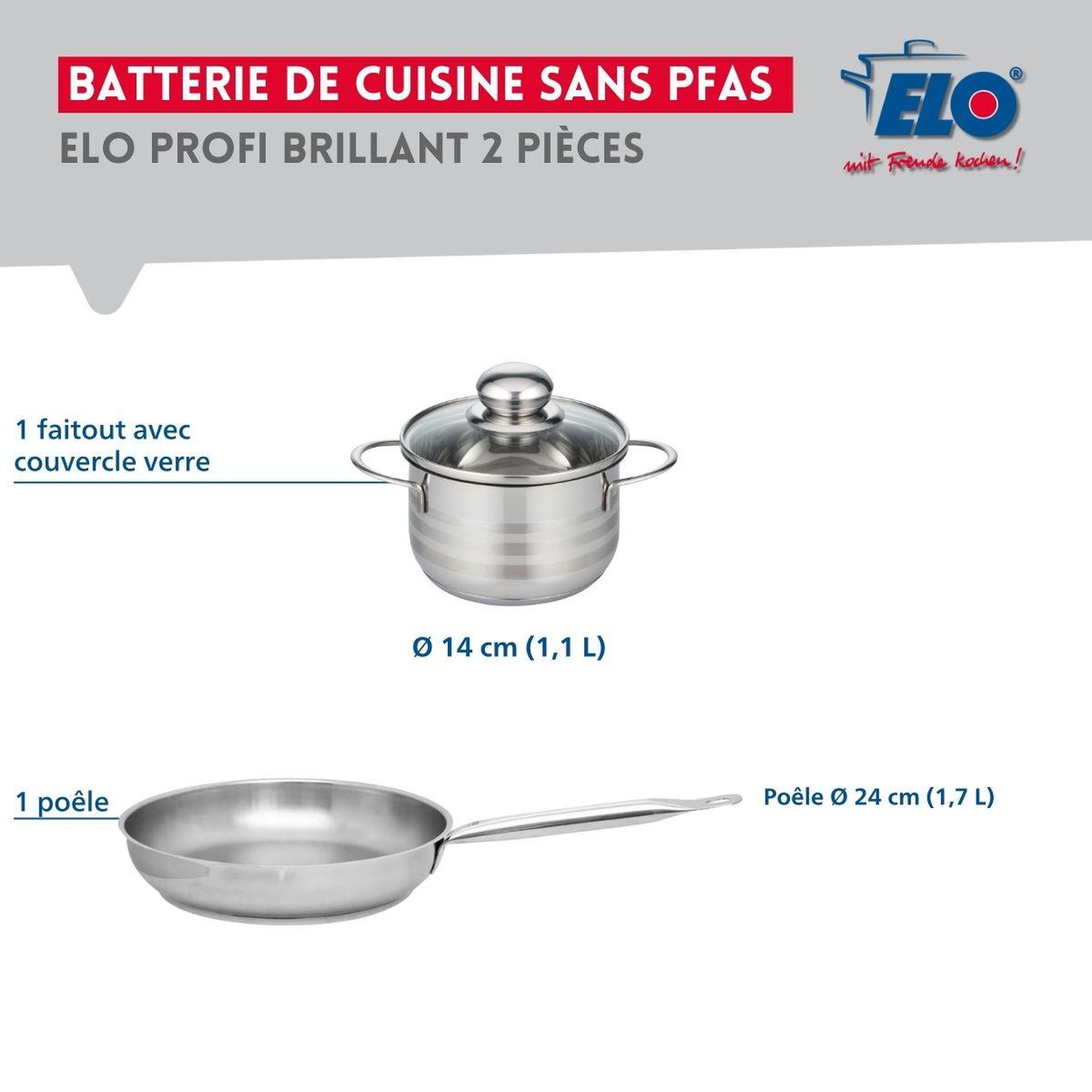 Voir la diapositive 2 : ELO Ensemble de 1 poêle de cuisson 24 cm et 1 faitout 14 cm elo profi brillant