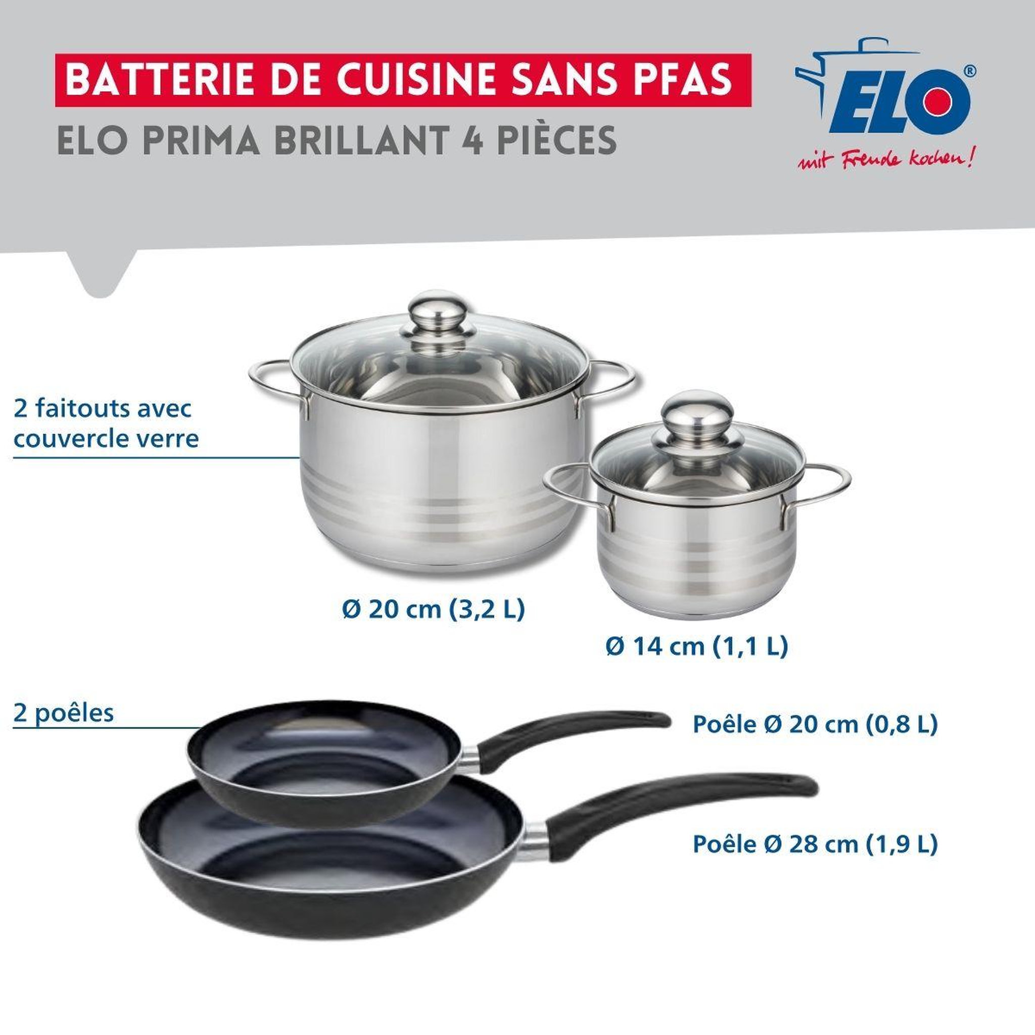 Voir la diapositive 2 : ELO Ensemble de 2 poêles de cuisson 20 et 28 cm et 2 faitouts 14 et 20 cm elo prima brillant