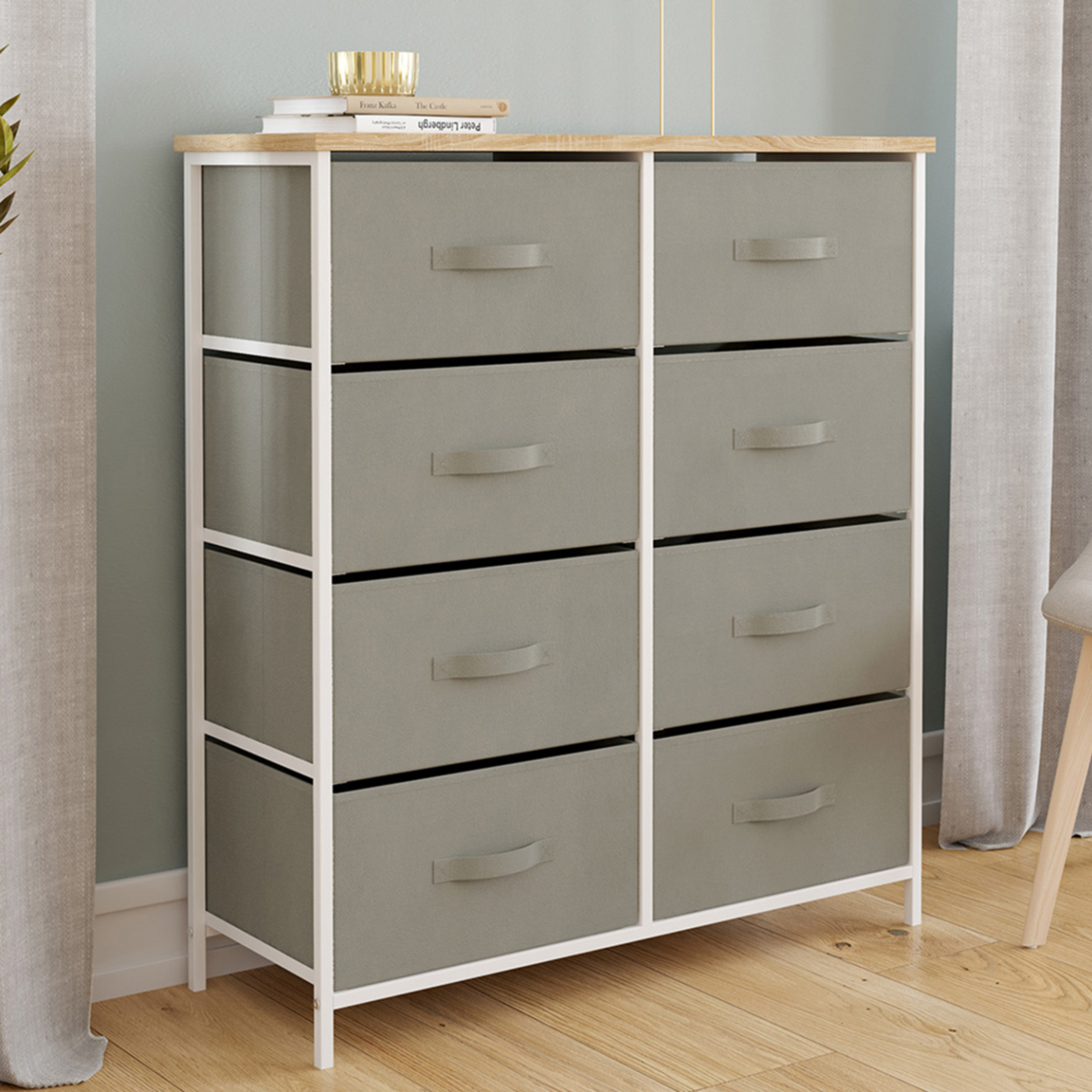 ID MARKET Commode 8 tiroirs en tissu ALTA 80 cm gris clair et plateau effet bois design industriel