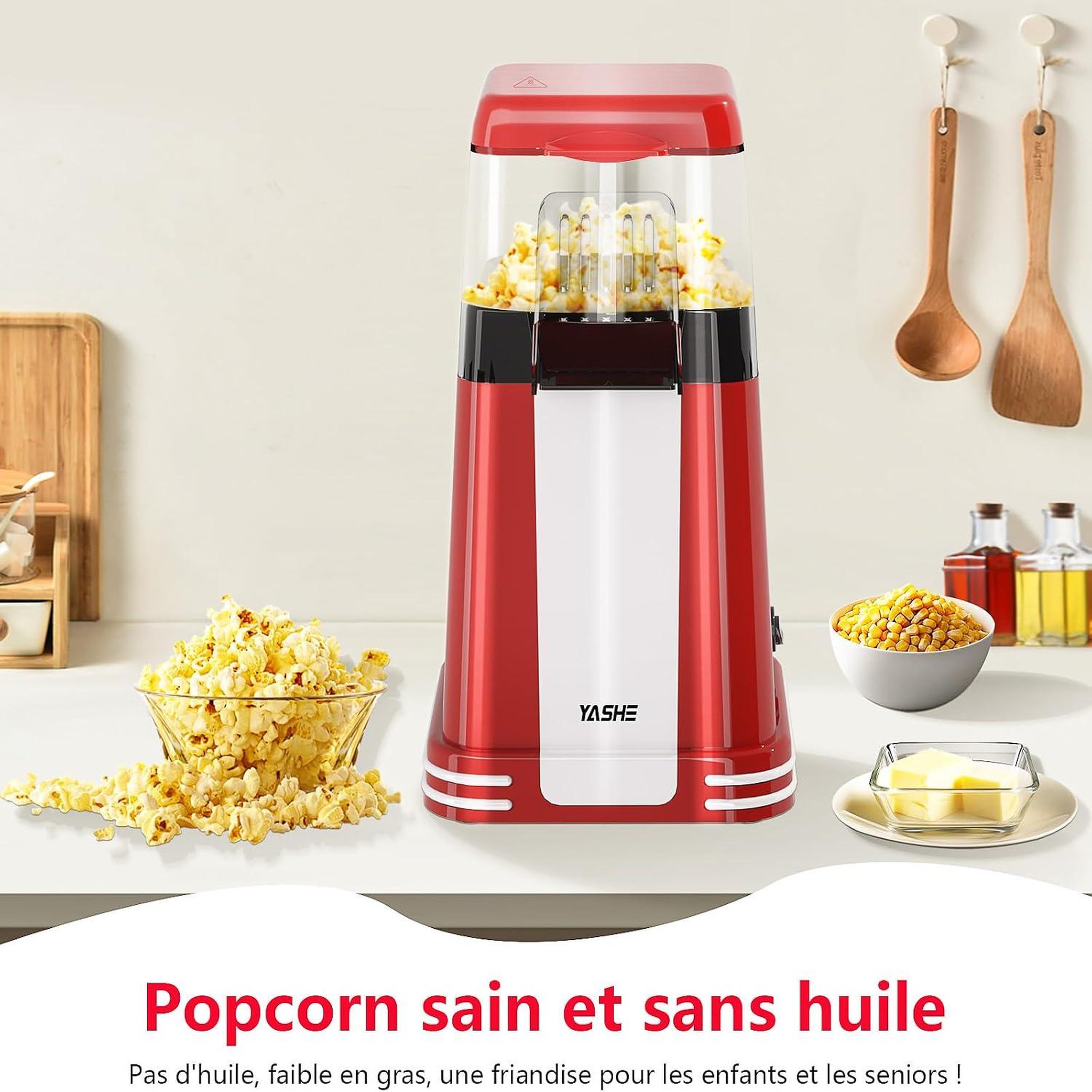 Voir la diapositive 2 : YASHE Machine à pop-corn 1200 W, air chaud, rouge