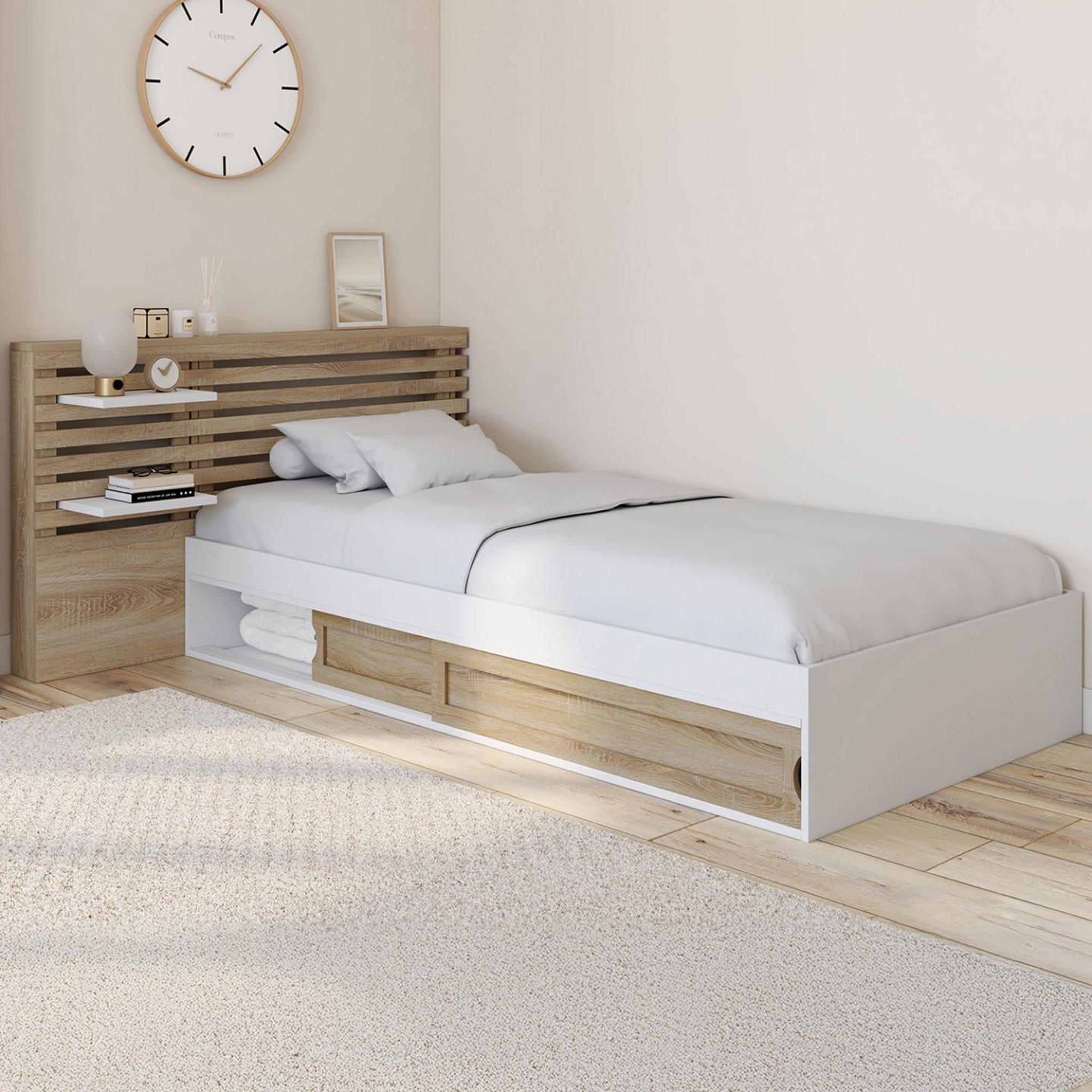 Voir la diapositive 2 : ID MARKET Lit simple savana avec tête de lit, chevets, rangements et sommier 90 x 190 cm façon hêtre et blanc