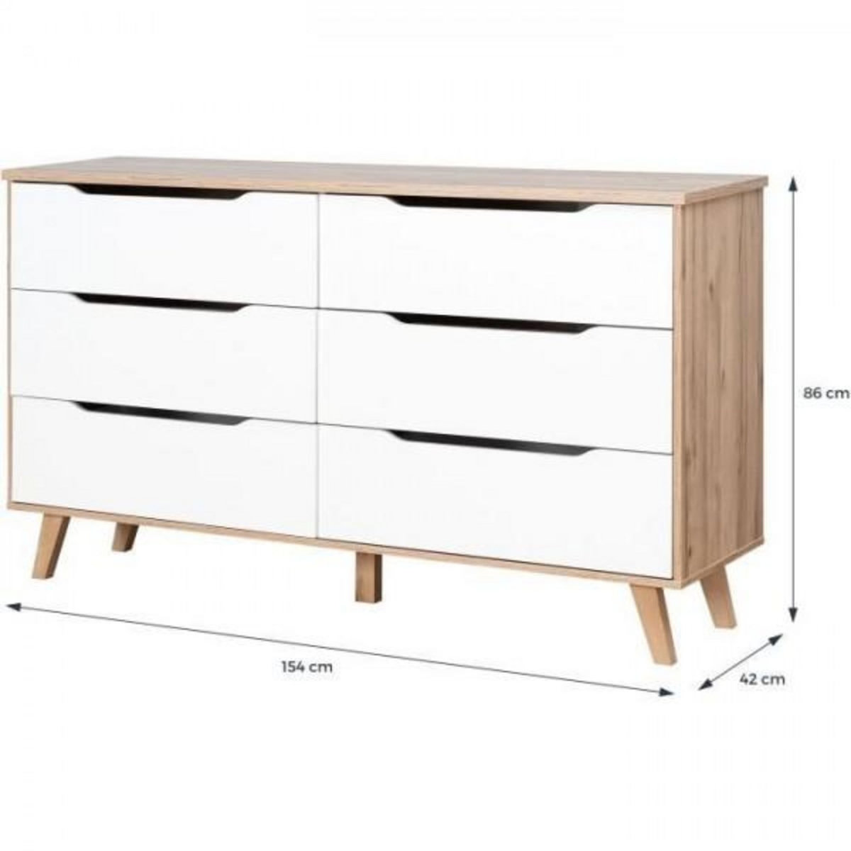 MARKET24 Commode 6 tiroirs - En panneaux de particules - Décor chene et blanc - Contemporain - L 154 x P 42 x H 86 cm