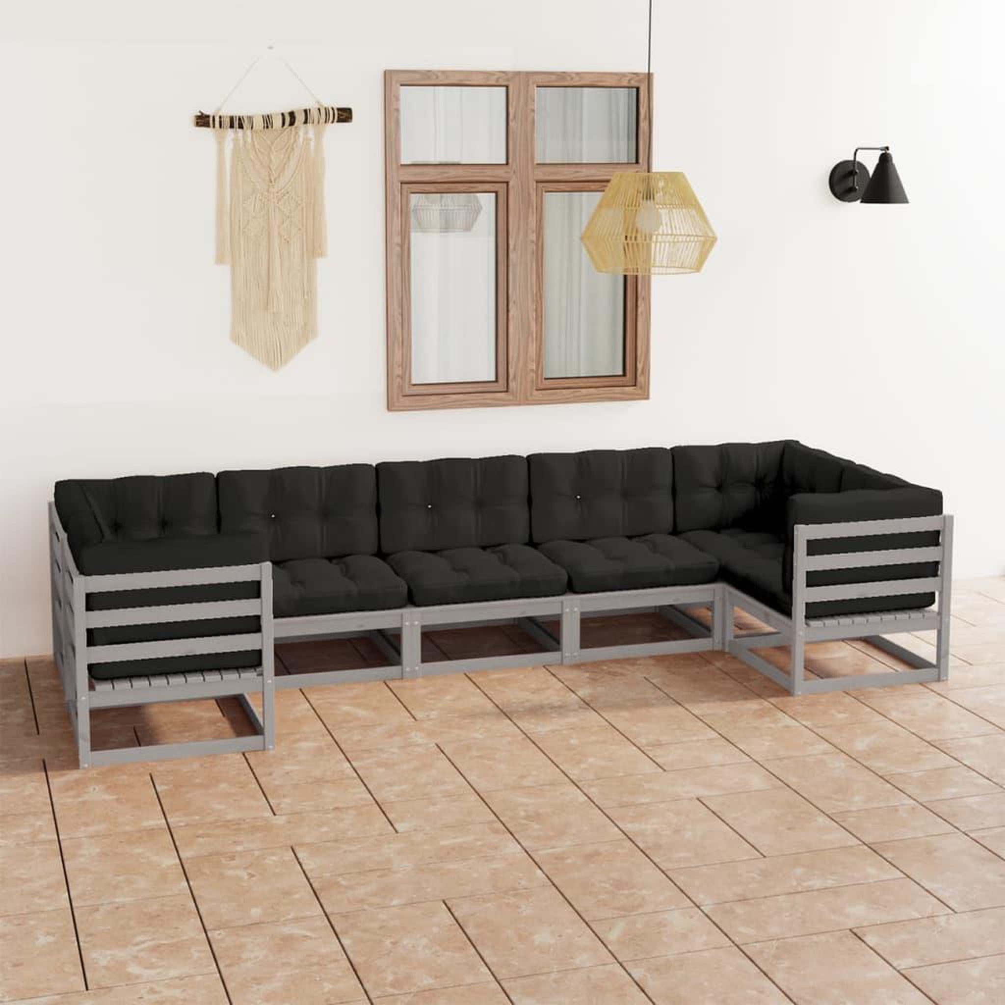Voir la diapositive 1 : VIDAXL Salon de jardin 7 pcs avec coussins Gris Bois de pin massif